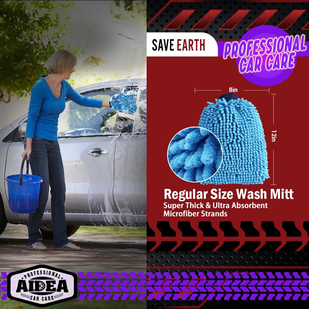 Aidea Car Wash Mitt Microfiber2Pk, Scratch-Free& Lint-Free, Premium Chenille Microfiber Wash Mitt-Blue Extra Large Size (8''X12'