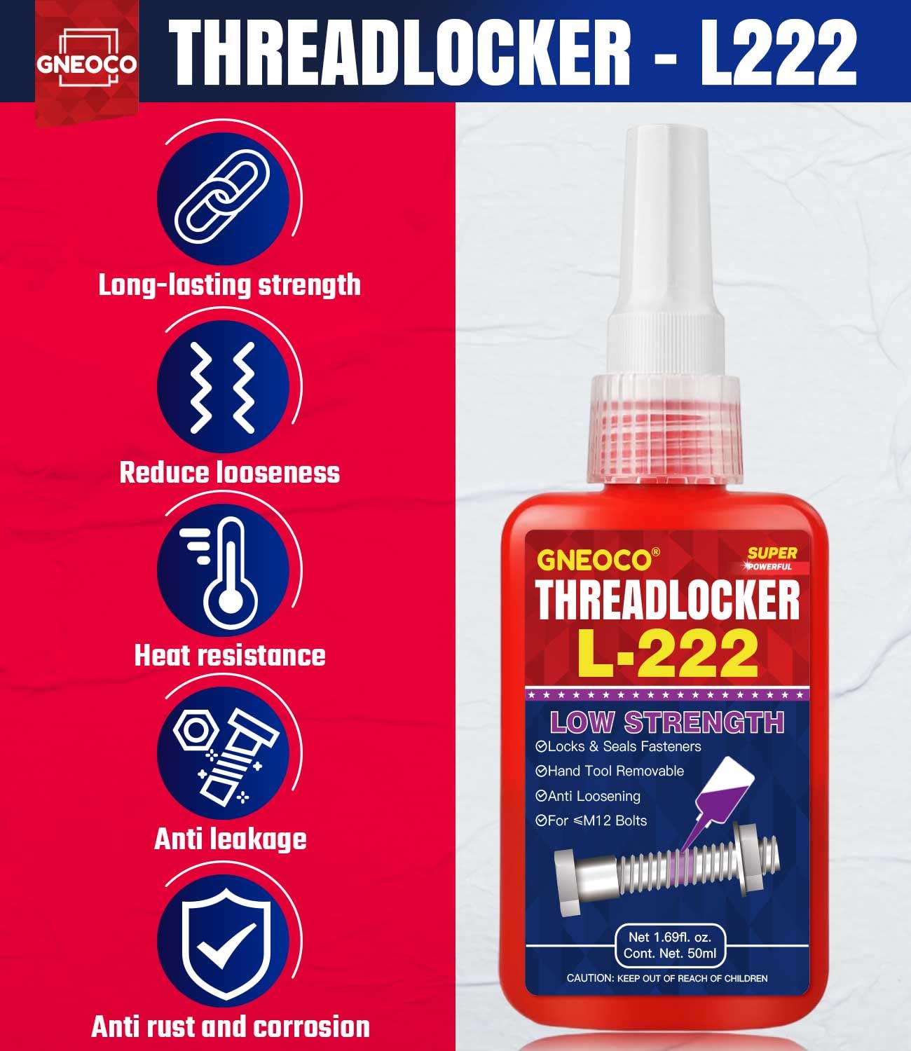 Threadlocker L222 1.69 Fl Oz/50 Ml, Thread Lock Low Strength Lock Tight For Nuts, Bolts, Fasteners And Metals, Anaerobic Curing