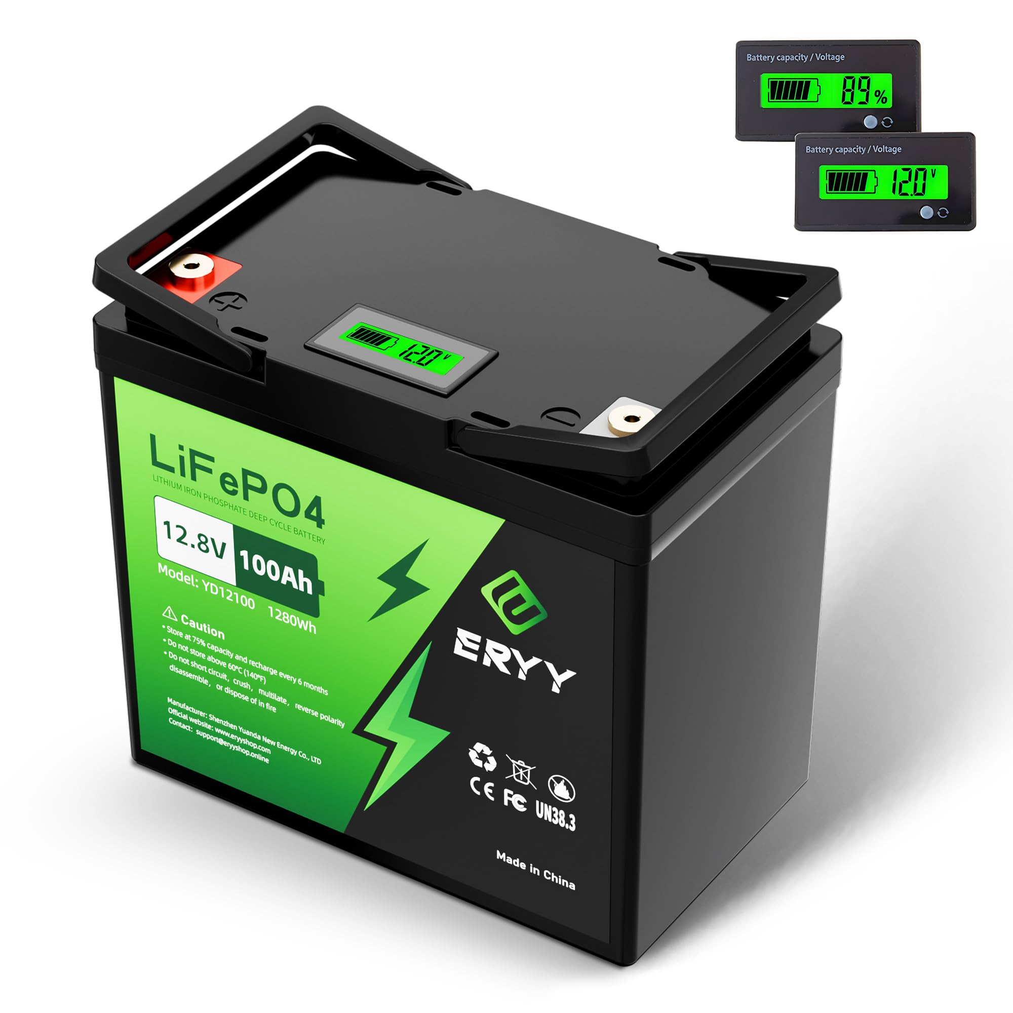 Eryy 12V 100Ah Lifepo4 Battery, High Density 100Ah Lithium Battery 12V With 100A Bms, Voltmeter, 5000+ Rechargeable Deep Cycle M
