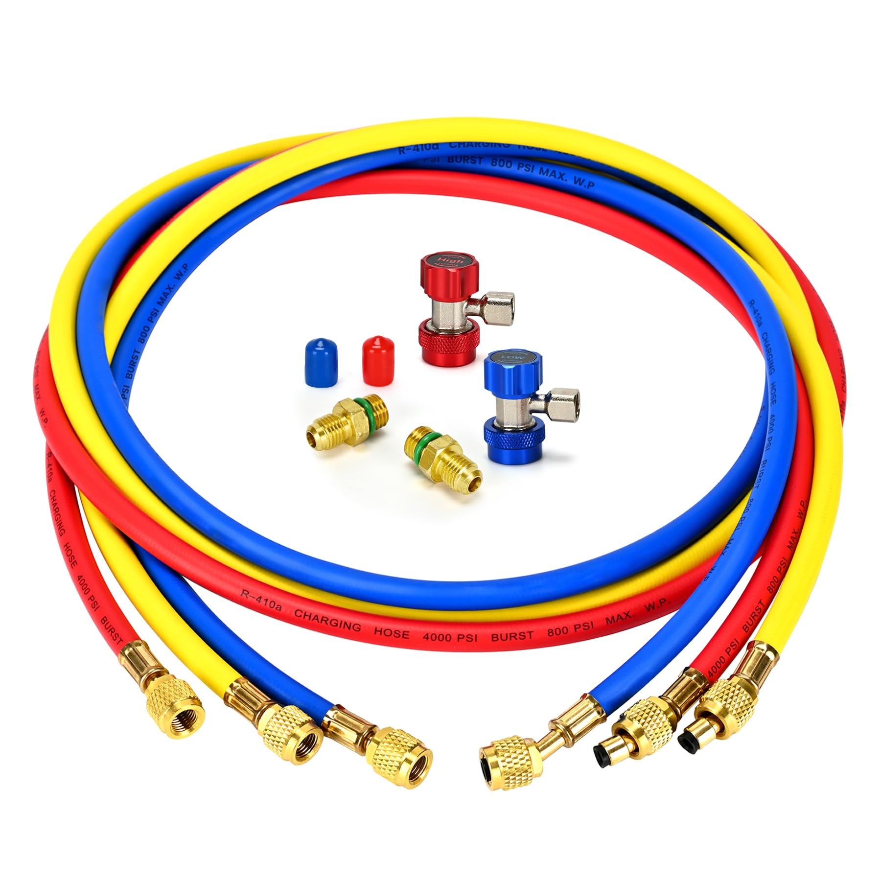 Upgrade 21984 Plus II 1/4 Refrigerant Charging Hose, with R134a Quick Coupler Adapters, HVAC Hoses, 48(4Ft), Standard 1/4 