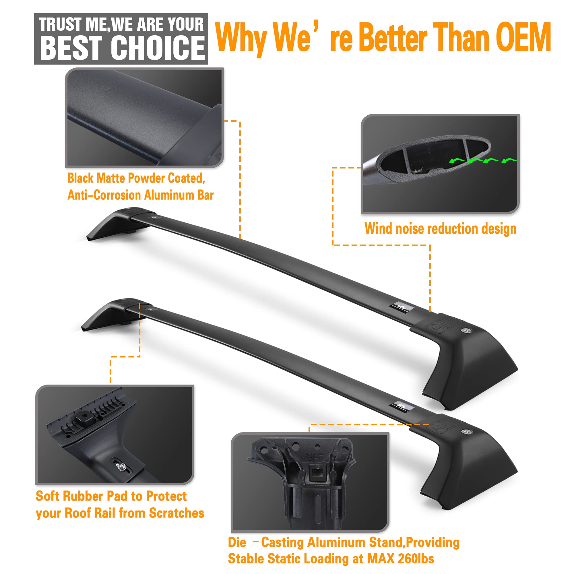 Autekcomma Heavy Duty Roof Rack Cross Bars Replacement For Toyota Highlander 2020-2024(Not Fit Le Models & Grand Highlander),Anti Theft Mechanism Lock With Max 260 Lbs Loading Weight Crossbars