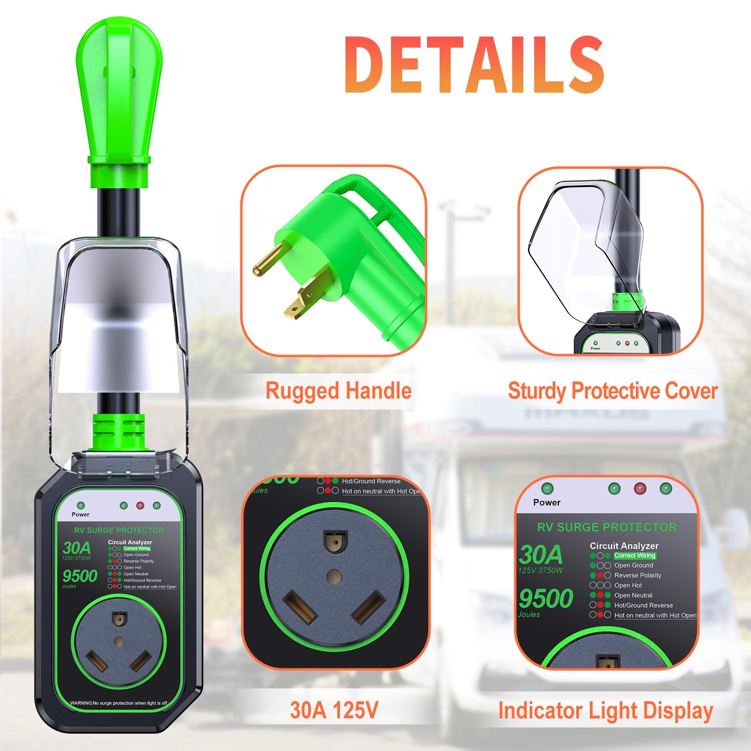 Geargo Rv Surge Protectors 30 Amp, 9500 Joules Rv Circuit Analyzer, Ip68 Surge Voltage Protection, Rv Adapter Plug For Camper (G