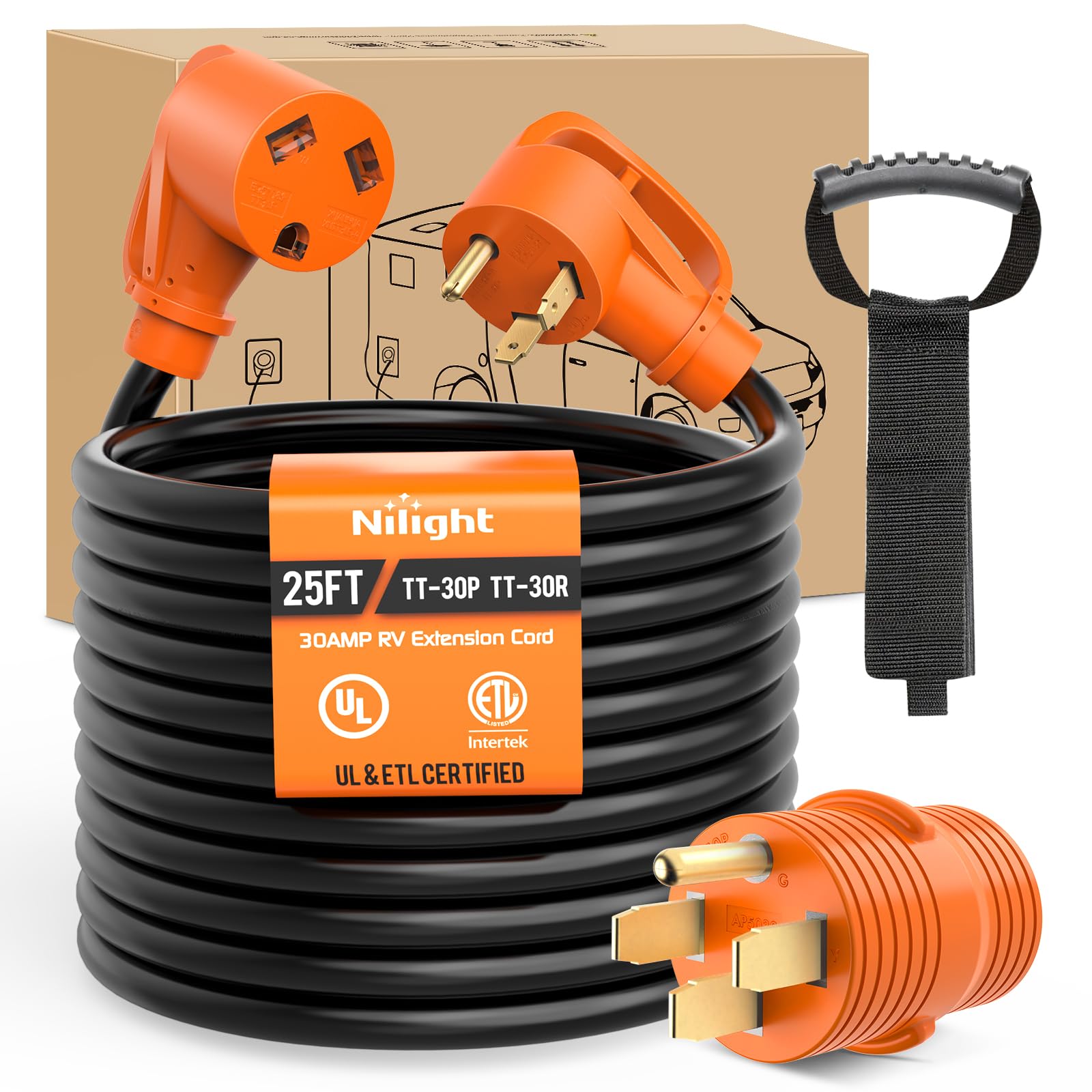 Nilight 25Ft 30 Amp Rv Extension Cord With Adapter 50Amp To 30Amp 125V Heavy Duty 10/3 Gauge Pure Copper Stw Wire Ul Etl Listed