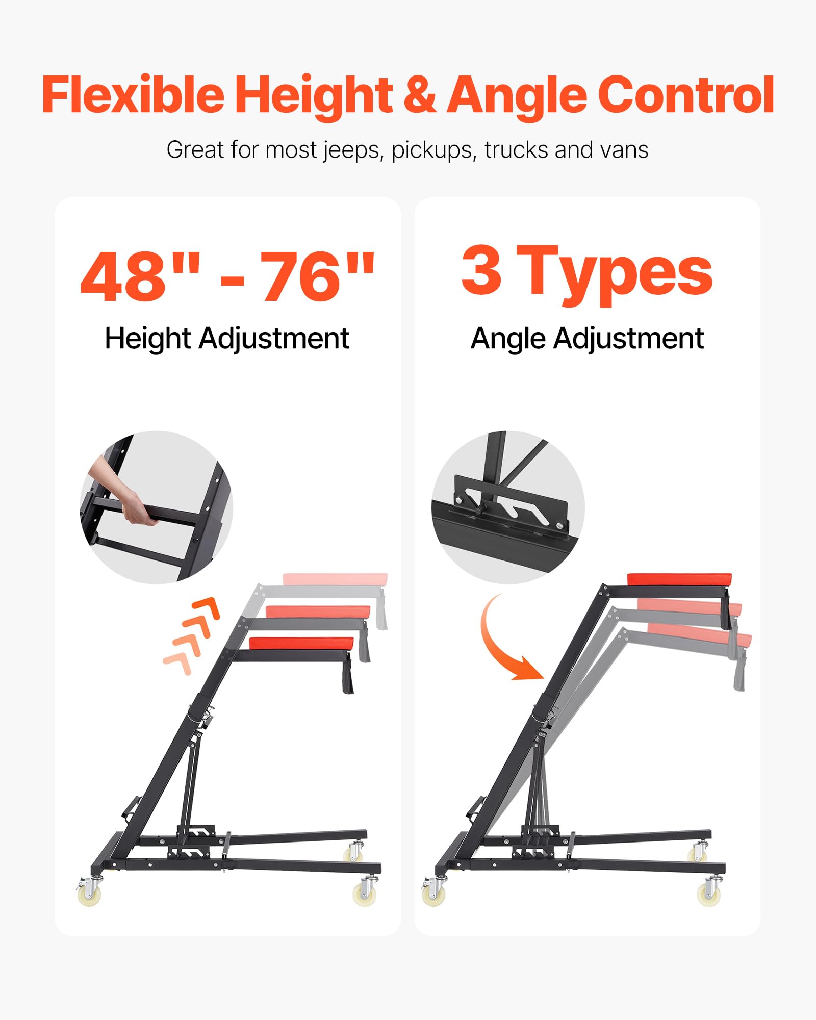 VEVOR Automotive Topside Creeper, 400 LBS Capacity High Creeper with 48 to 76 Adjustable Height, 4 Swivel Caster Wheels, Hea