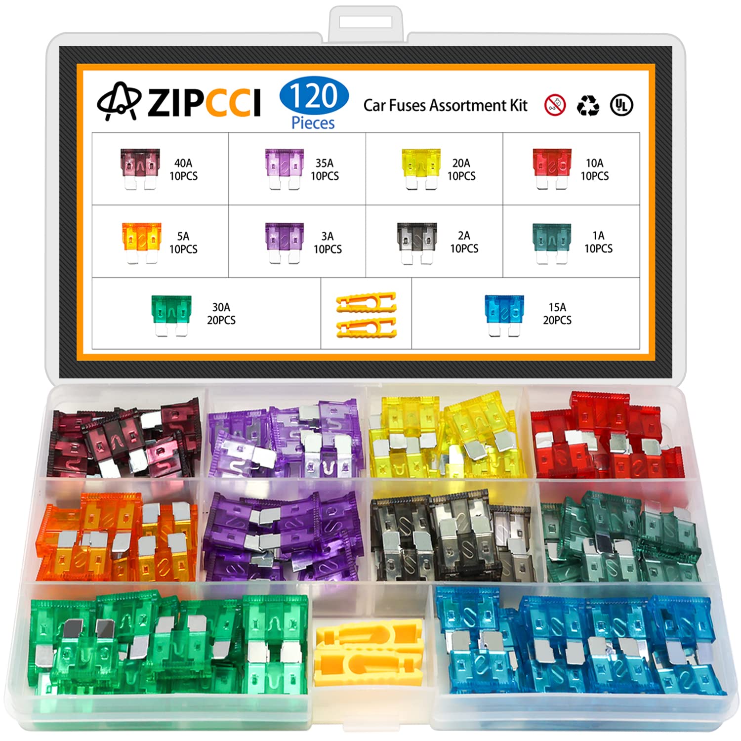 Zipcci 120 Pcs Standard Car Fuse, Fuses Assortment Kit(1A/2A/3A/5A/10A/15A/20A/25A/30A/35A/40Amp) Automotive Blade Fuse For Rv, 