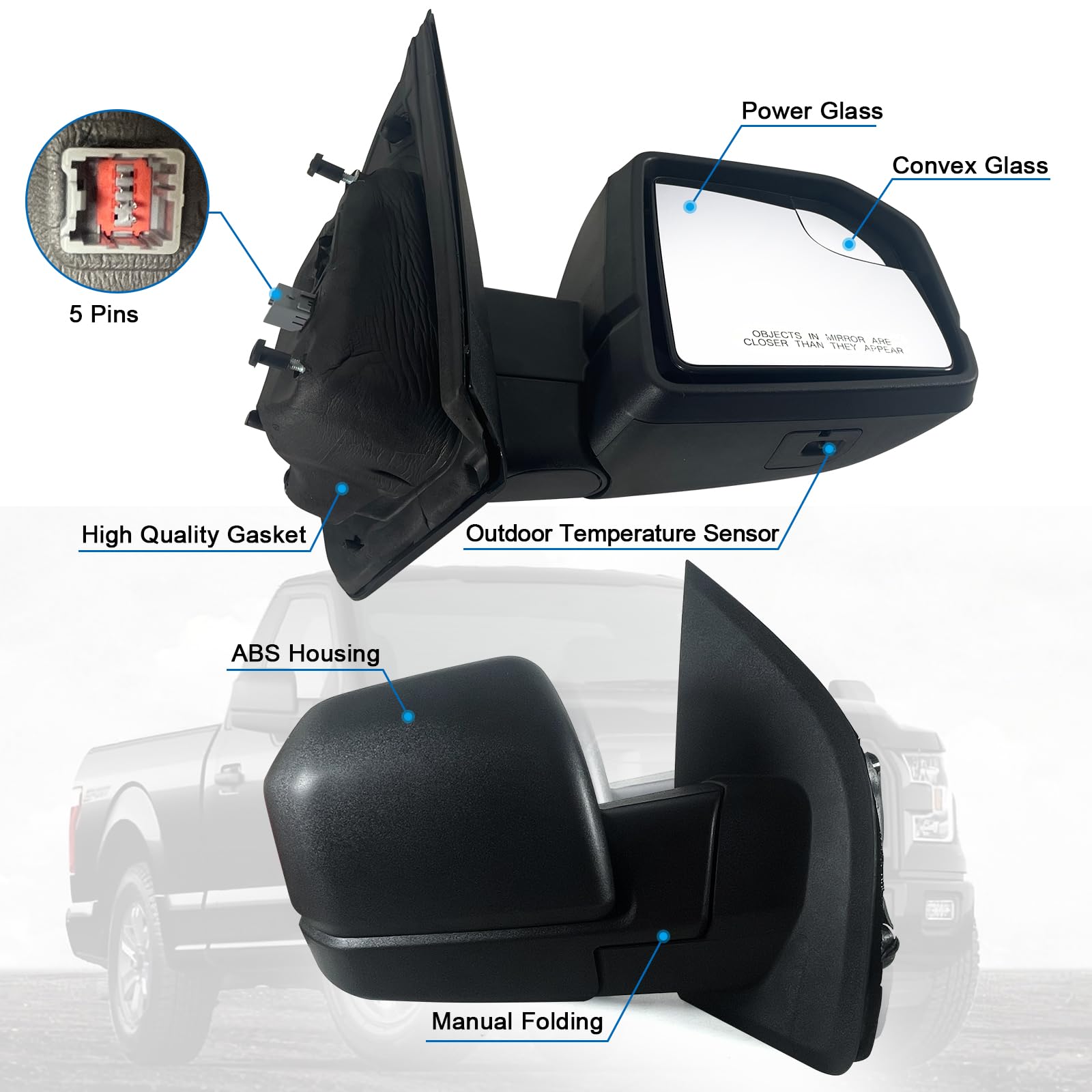 Lqito Right Passenger side Mirror with Power Glass, Outdoor Temperature Sensor and Manual Folding Fits 2015-2020 Ford F150 Witho