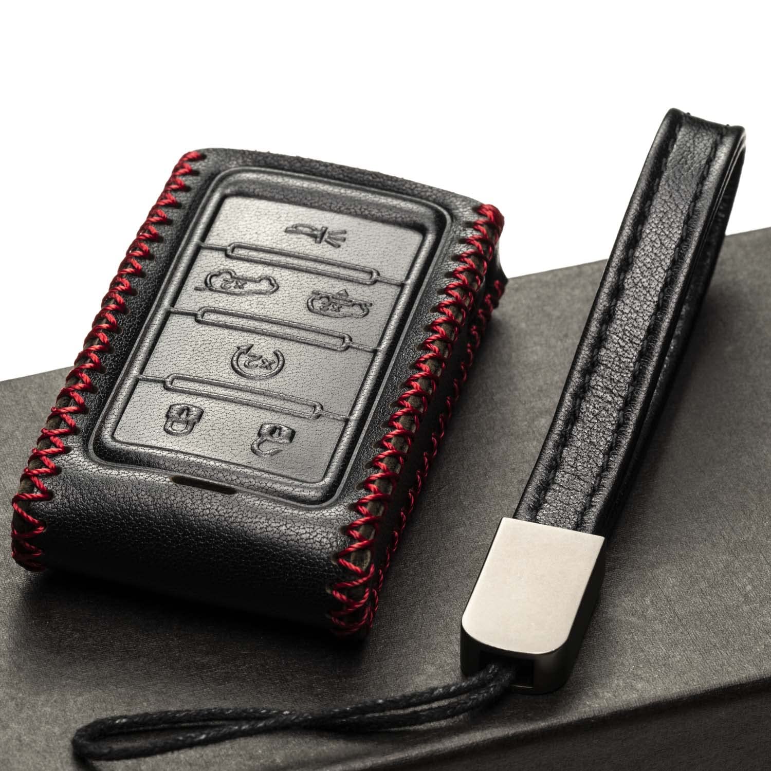 Vitodeco Genuine Leather 6-Button Smart Key Fob Case for Jeep Wagoneer, Grand Wagoneer, Grand Cherokee 2023 - Black/Red