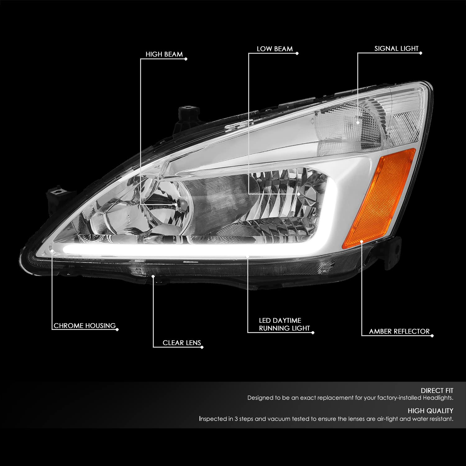 Dna Motoring Pair Headlight Assembly Compatible With 03-07 Honda Accord, Black Housing Clear Corner,Hl-Lb-Ha03-Bk-Cl1