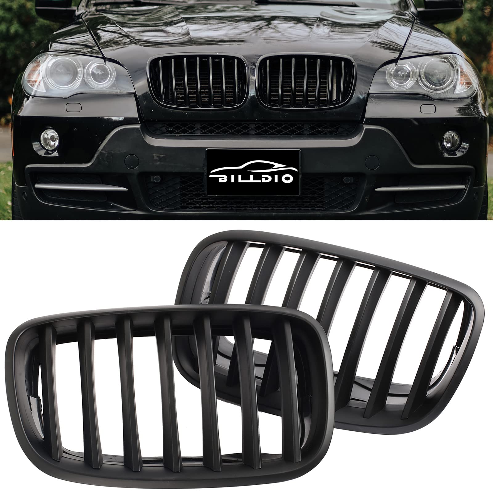 BILLDIO ABS E70 Grill,Front Kidney Grille Compatible with 2007-2014 X5 E70 X6 E71 (Single slats Matte black Grills, 2-pc Set)
