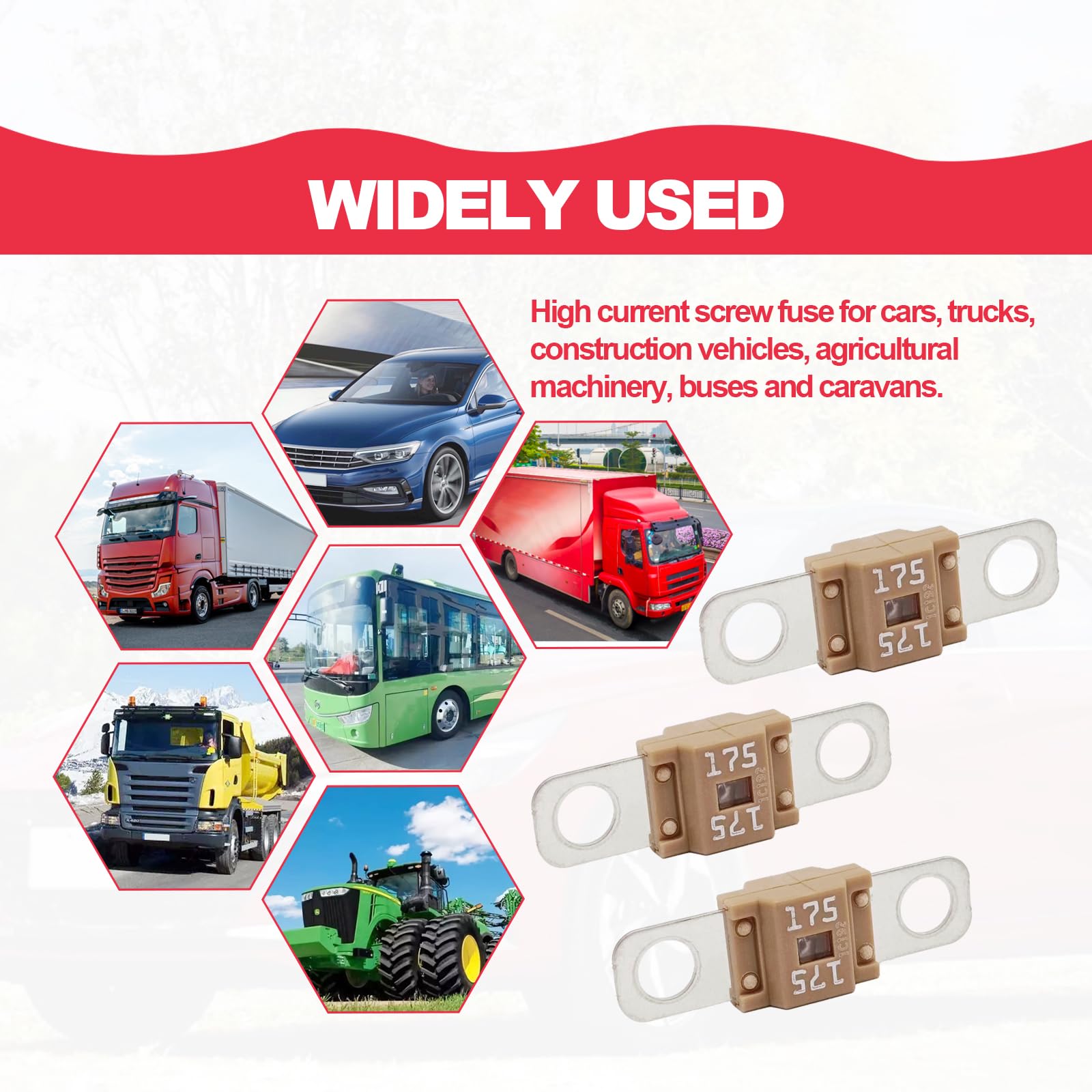 Pack of 3 AMI/Midi Fuse 175 Amp High Current Fuse Bolt-on Fuse, commonly Used in Cars, Trucks, Construction Vehicles, Agricultur