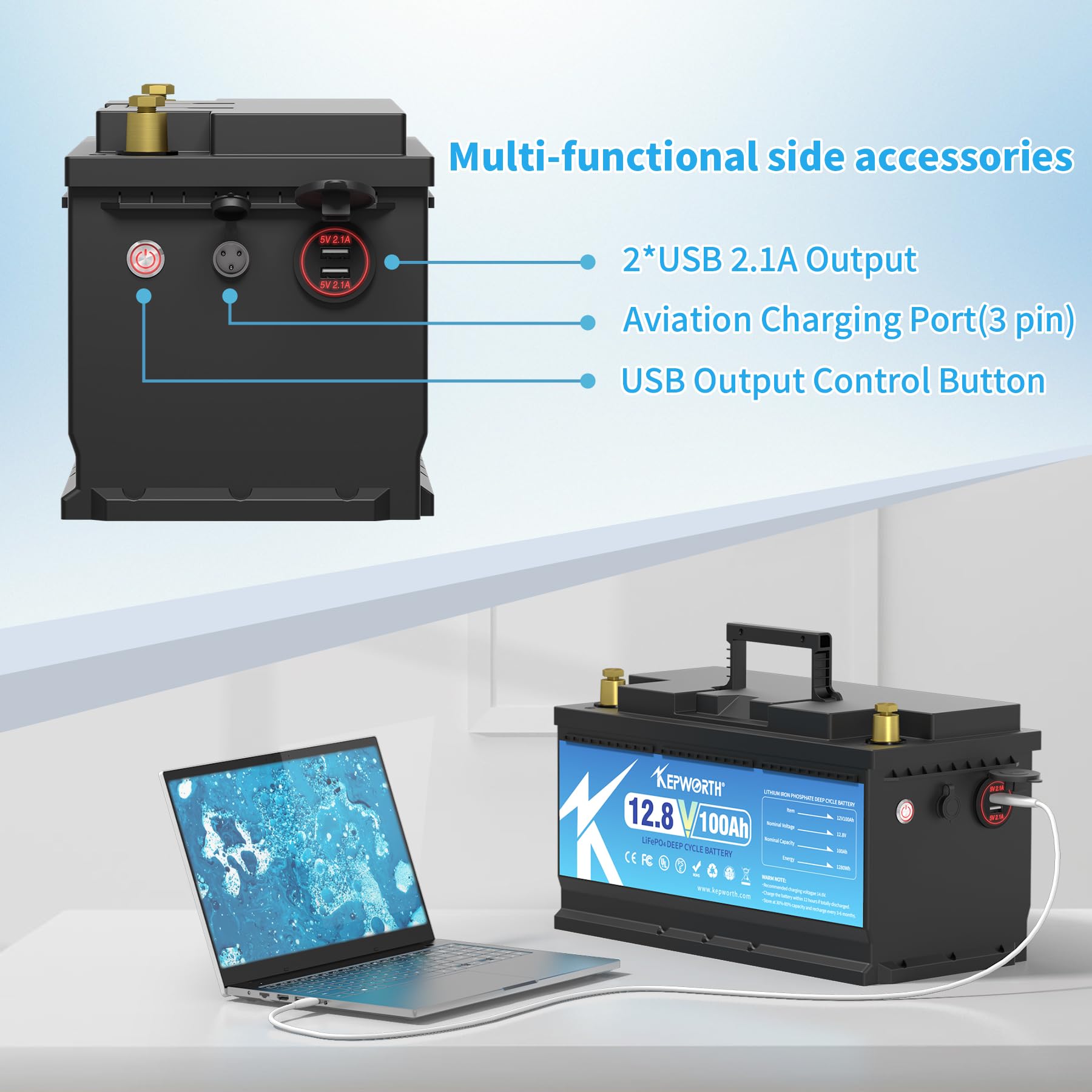 Kepworth 12.8V 100Ah Lifepo4 Battery Rechargeable Lithium Battery With 100A Bms, 4000-15000 Deep Cycles, Grade A Lithium Iron Phosphate Battery Cells, For Trolling Motor, Boat, Rv, Solar