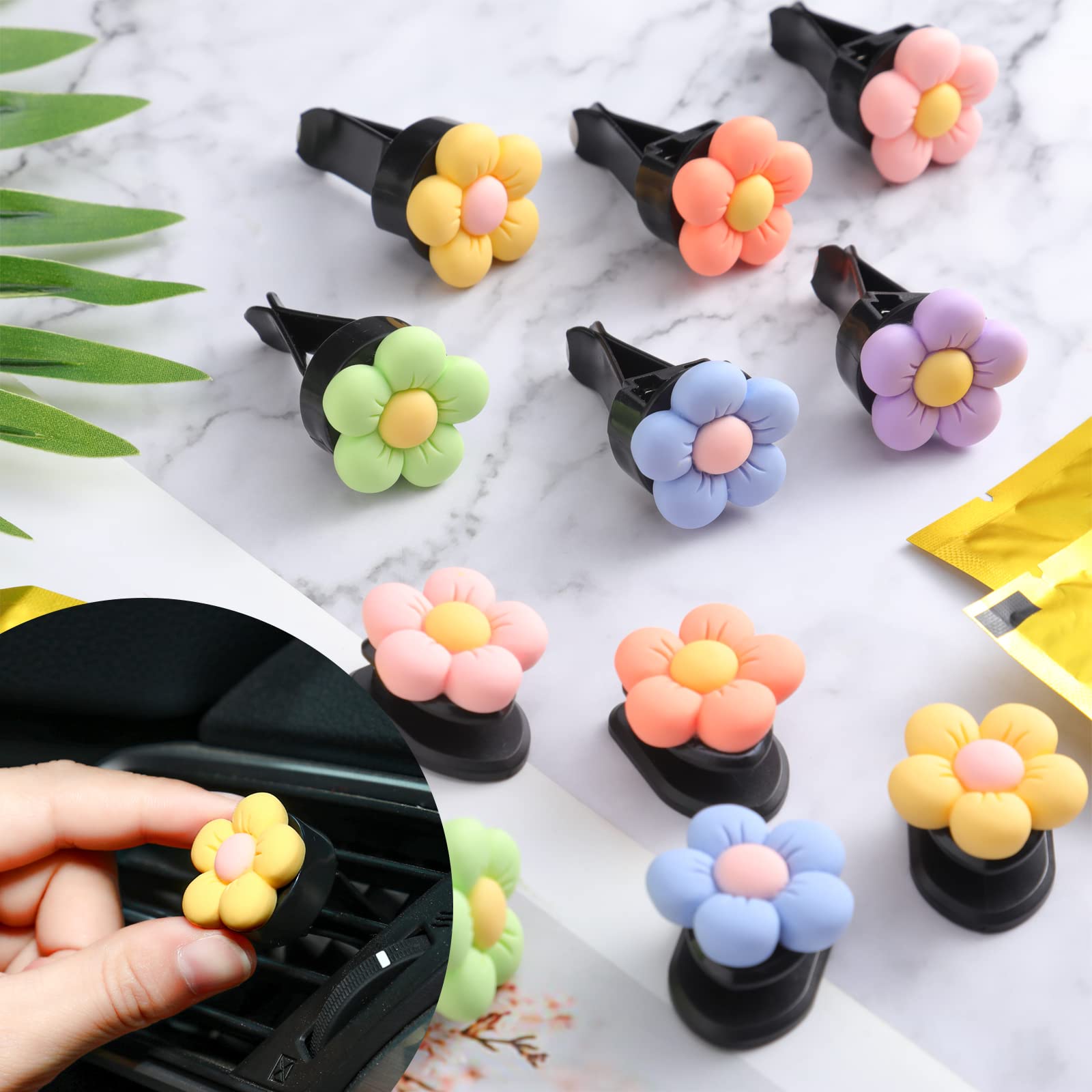 Tallew 12 Pcs Daisy Air Vent Clips Hook, Cute Flower Car Fresheners Charms Diffuser Clip Adhesive Hook Boho Accessories Interior Decor For Girls Women, Blue,Green,Orange,Pink,Purple