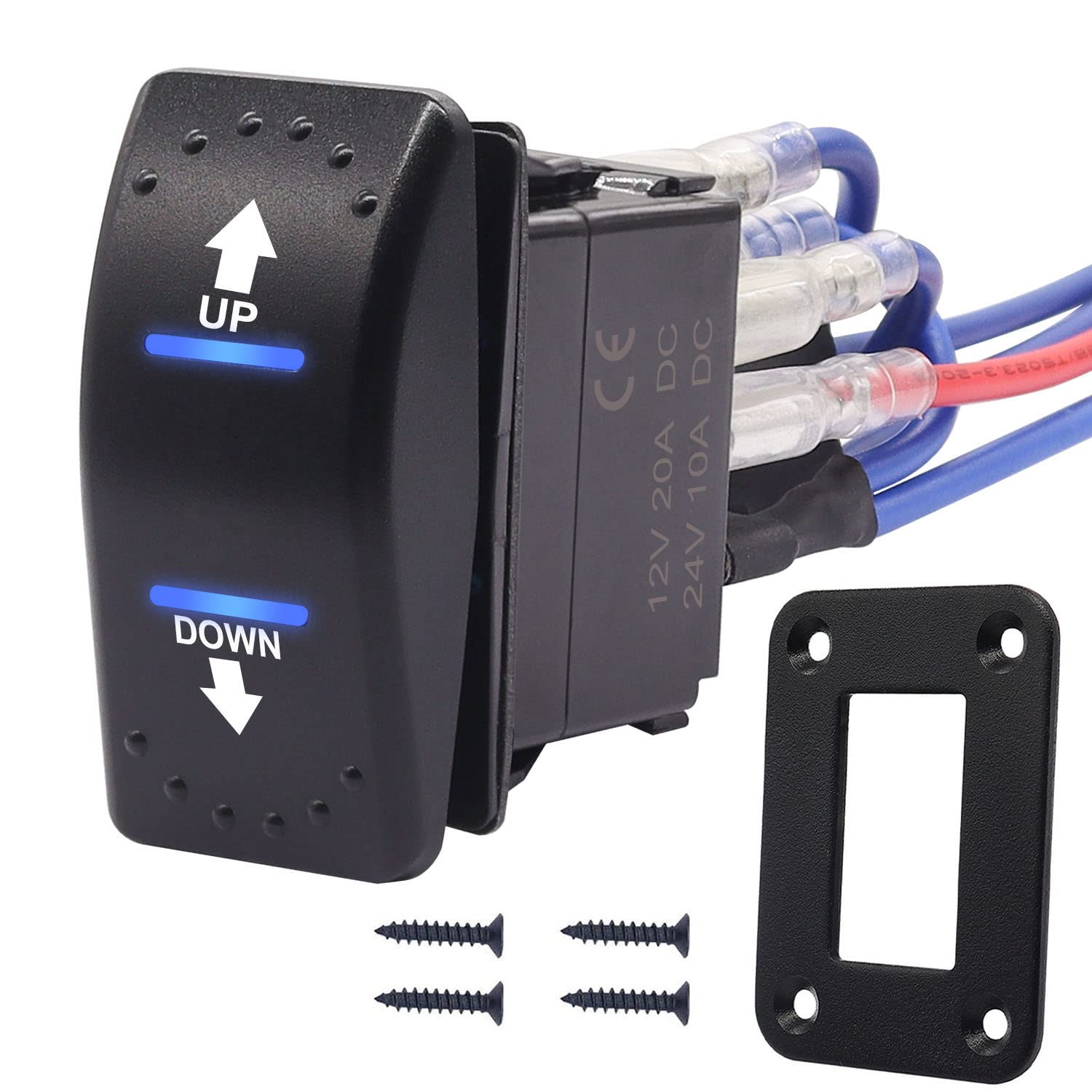 Weideer 20A 12V Polarity Reversing Momentary Rocker Switch Dc Motor Control 7Pin Up Down Blue Led Winch In/Out Switch With Alumi
