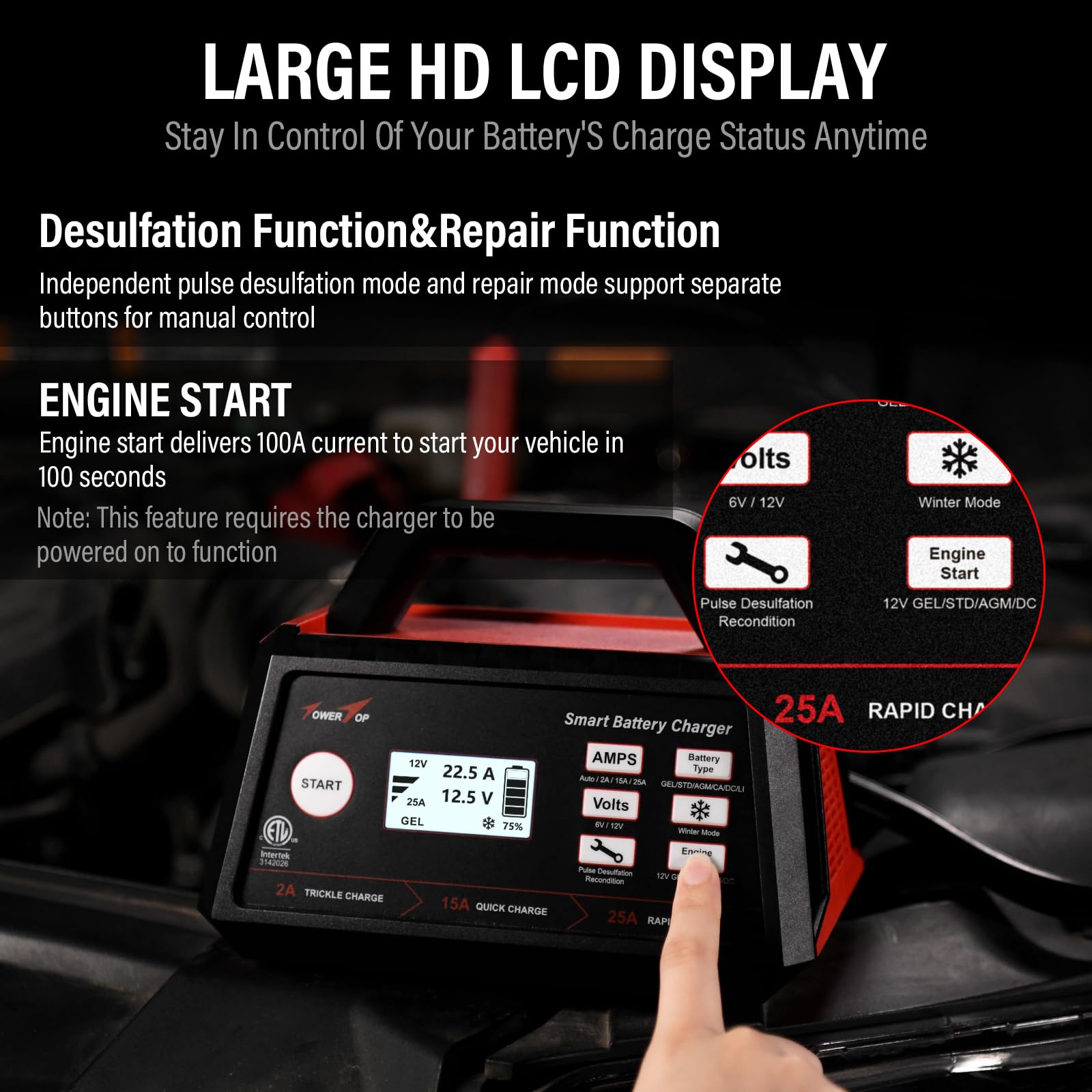 Towertop 2/15/25 Amp Car Battery Charger, 6V/12V Fully Automatic Smart Battery Maintainer With Engine Start, Auto Desulfator, Ba
