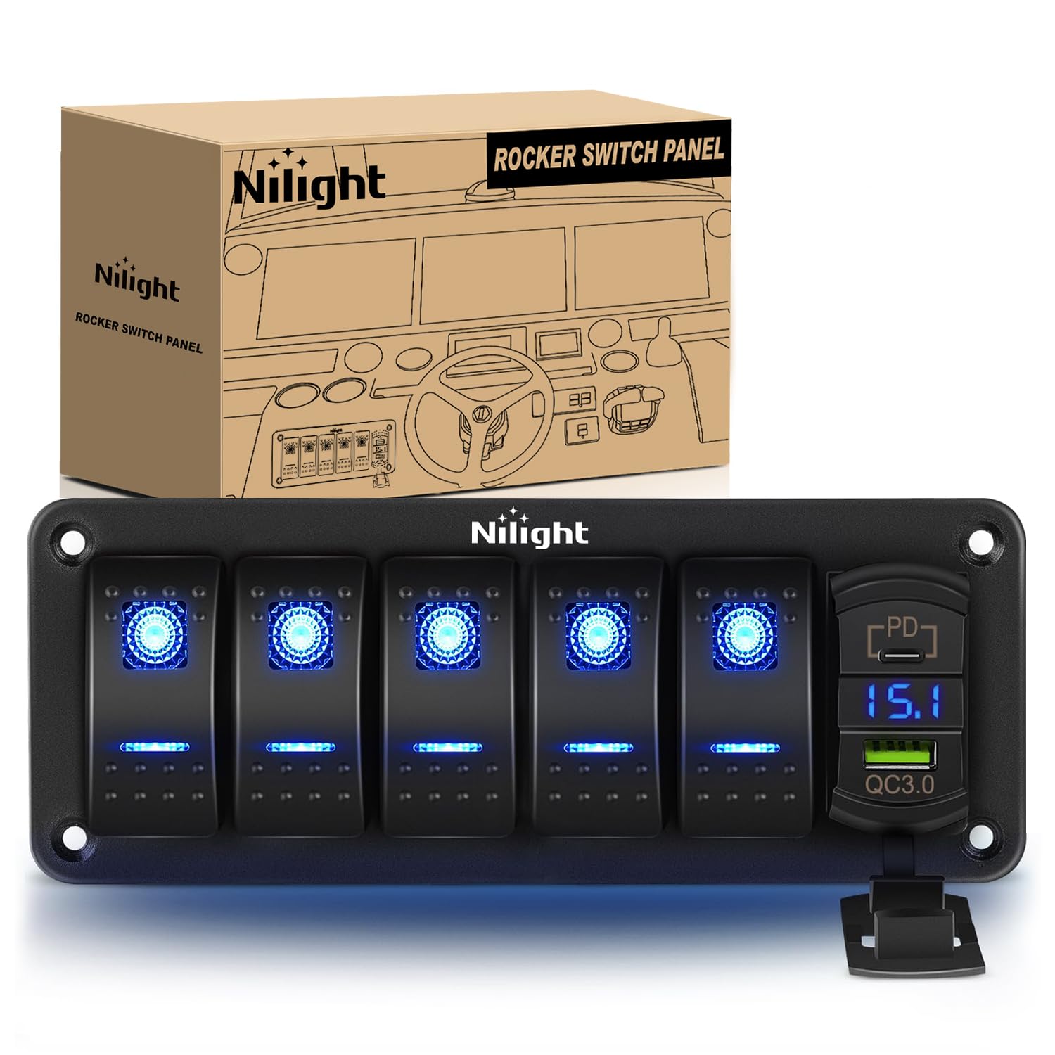 Nilight 5 Gang Rocker Switch Panel Blue Backlit With Pd Type C And Usb Charger Voltmeter Waterproof 12V 24V Dc Switches With Nig