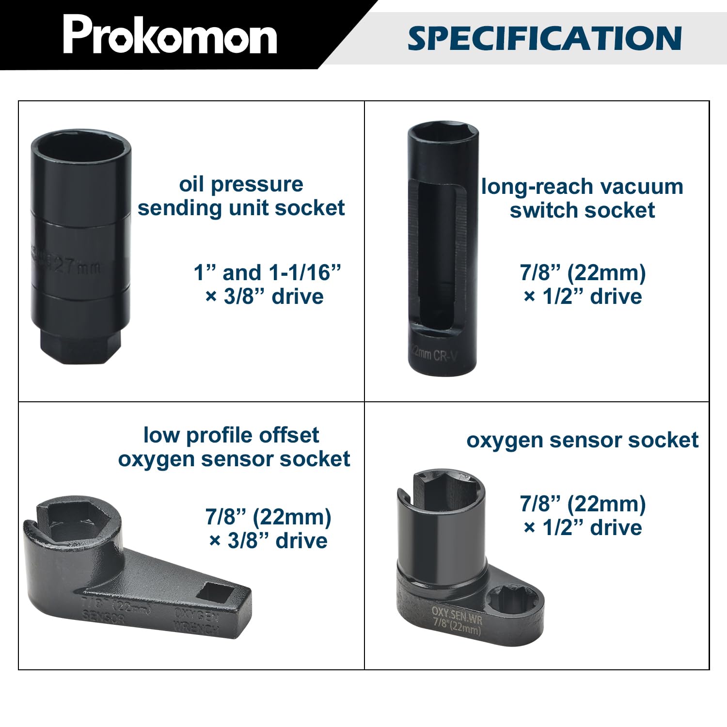 Prokomon 10 Pieces Oxygen Sensor Socket Set; Oxygen o2 Sensor Wrench Removal Tool; Oil Pressure Sensor Socket Set 1/2in and 3/8i