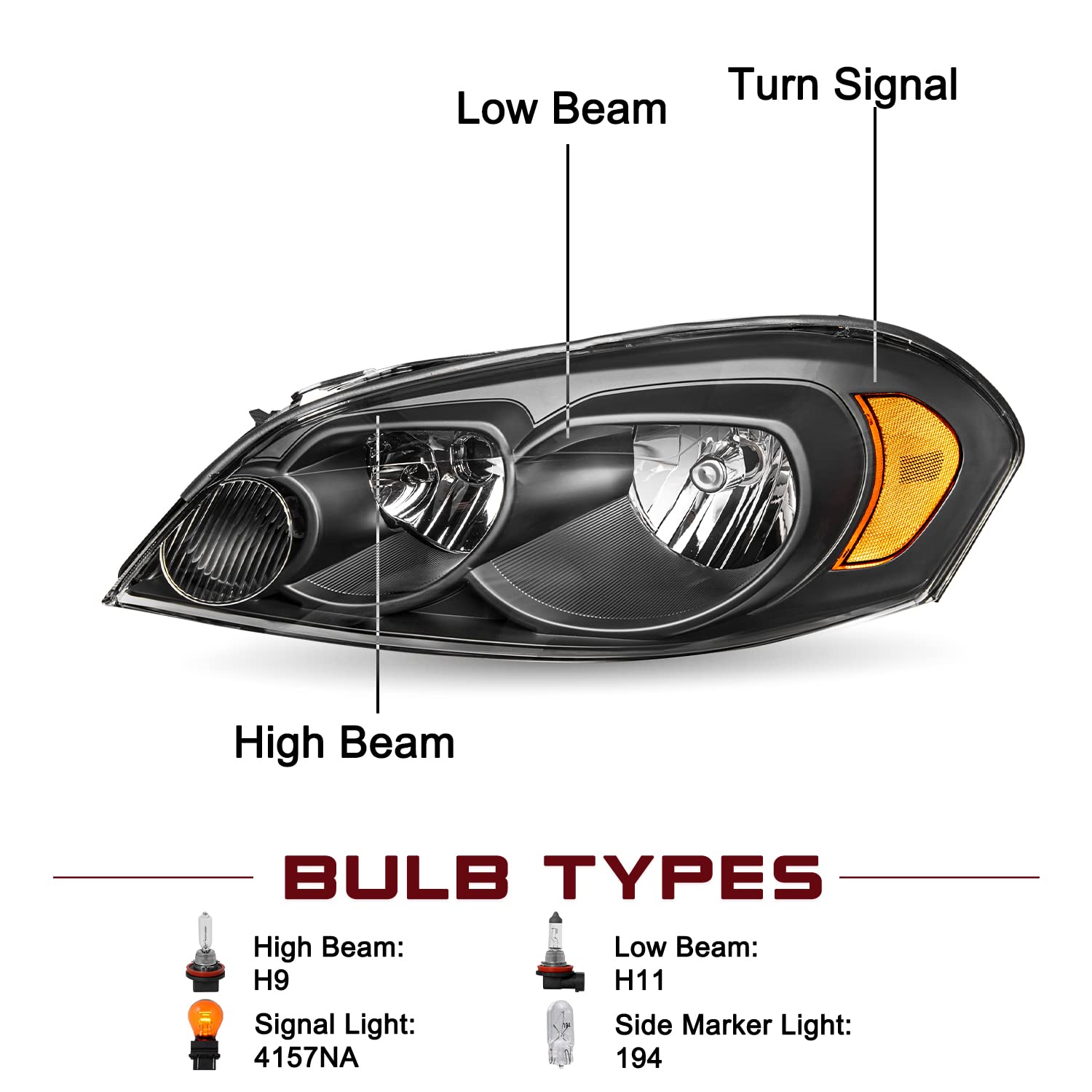 Jsboyat Headlight Assembly Fit For 2006-2013 Chevy Impala / 2006-2007 Chevy Monte Carlo / 2014-2016 Chevy Impala Limited Driver