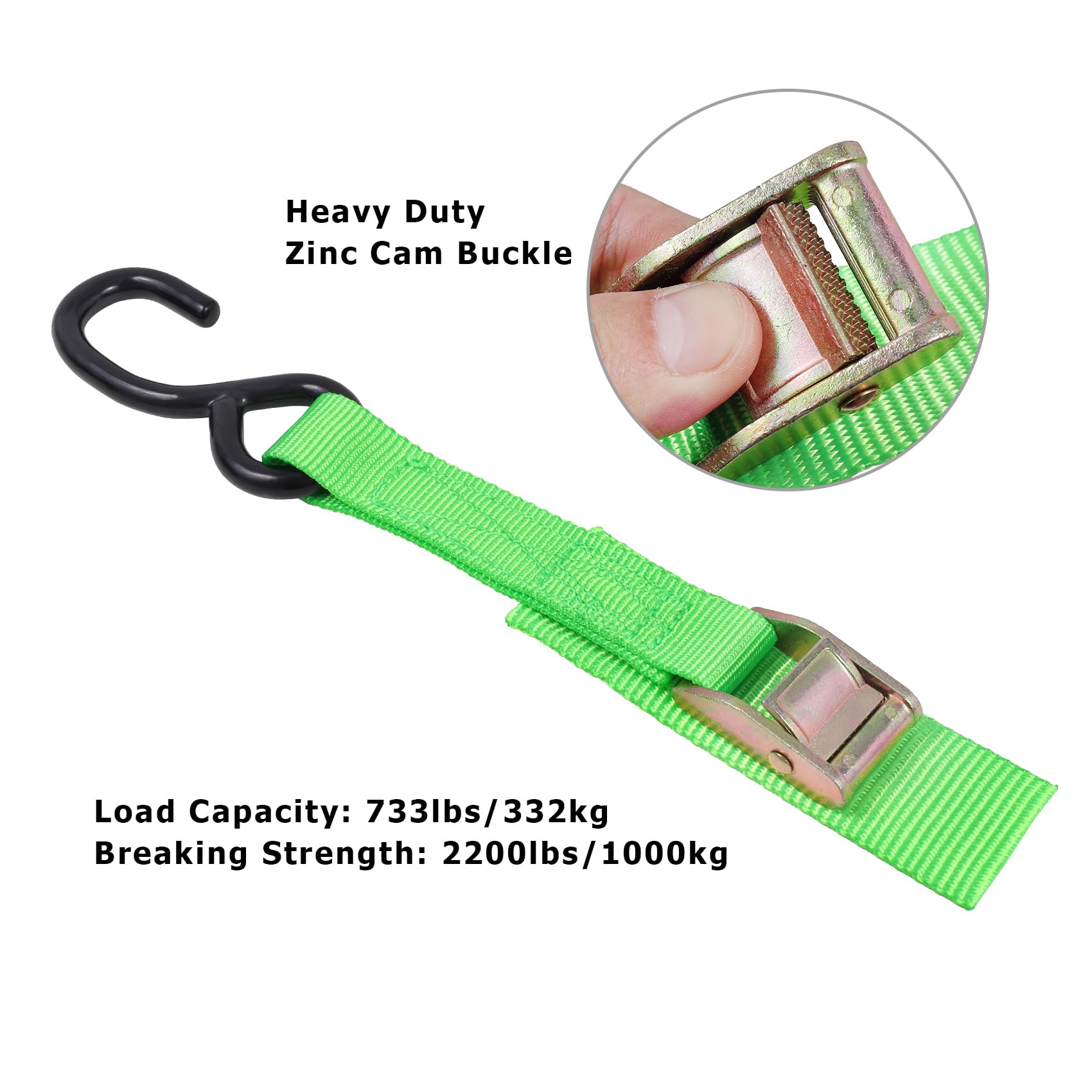 Ayaport Cam Buckle Tie Down Straps 10 Feet 2200Lbs Break Strength Green Securing Straps With S Hooks For Motorcycle, Kayak, Car,