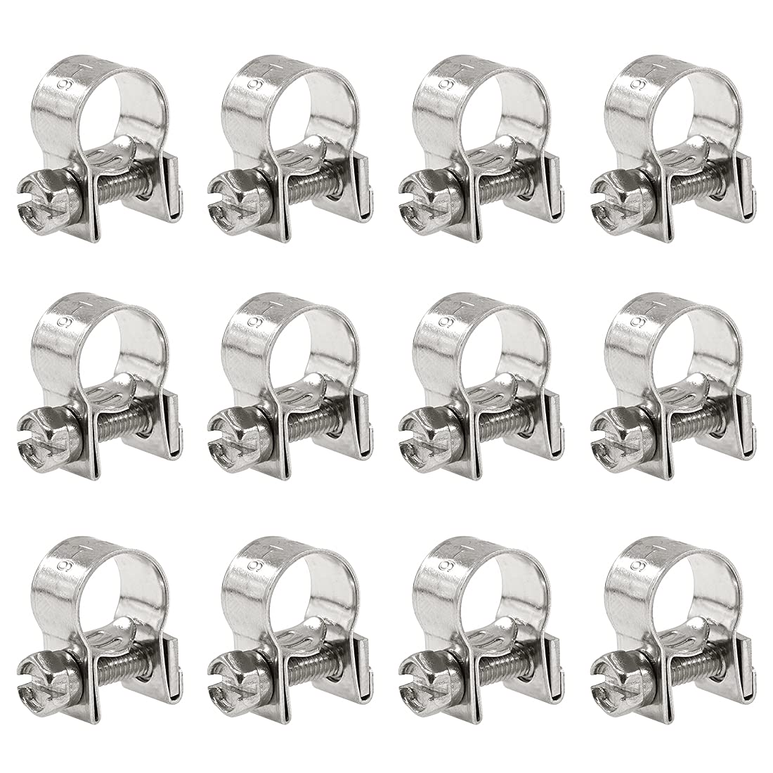 Glarks Stainless Steel Mini Fuel Injection Hose Clamps Set, 12-Pack, 9-11mm Adjustable Pipe Clips, Silver, for 11/32-7/16 Dia Tubes