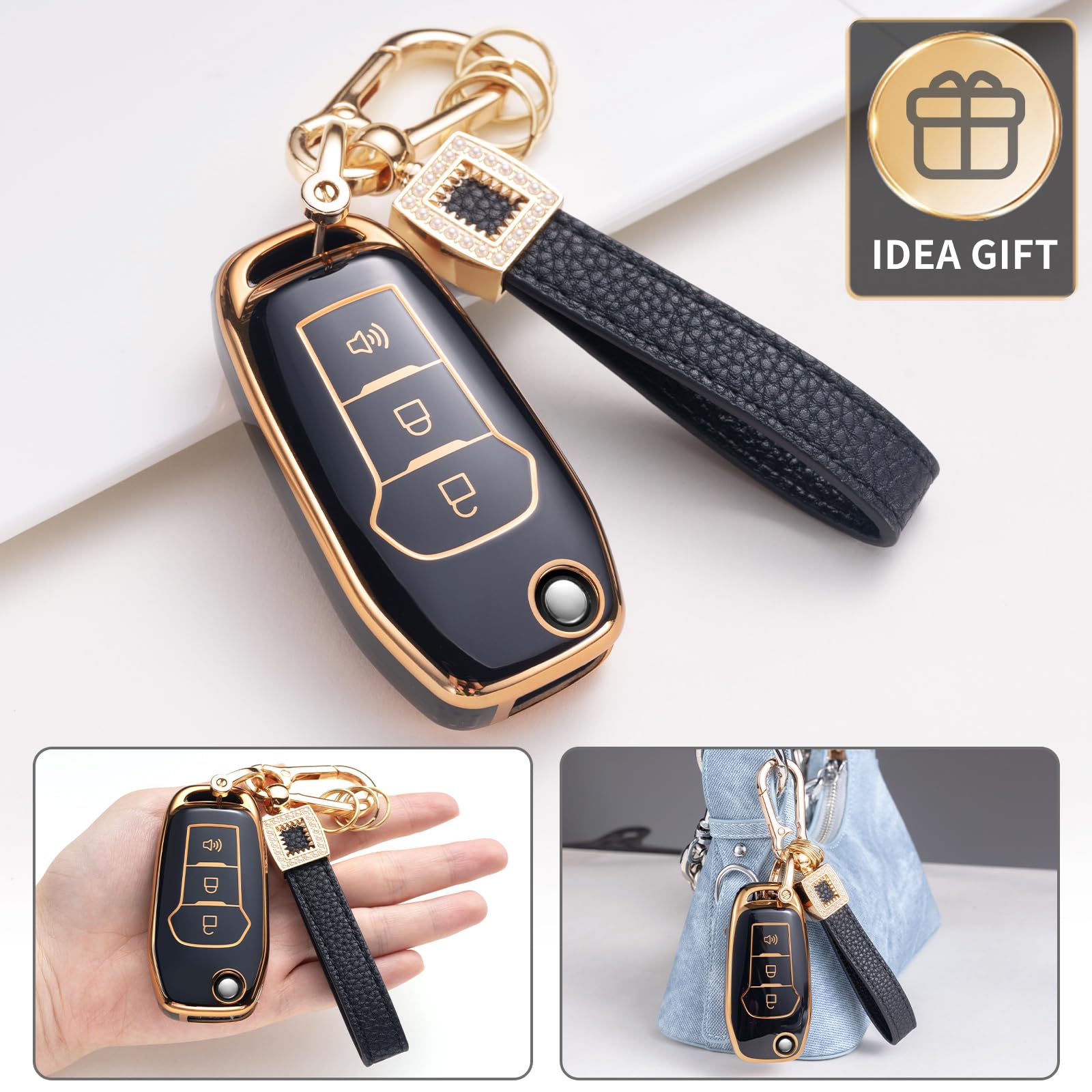 CACARLIKE for Ford Key Fob Cover with Leather Lanyard, Car Key Fob Case Compatible with Ford F150 F250 F350 F450 F550 Explorer R