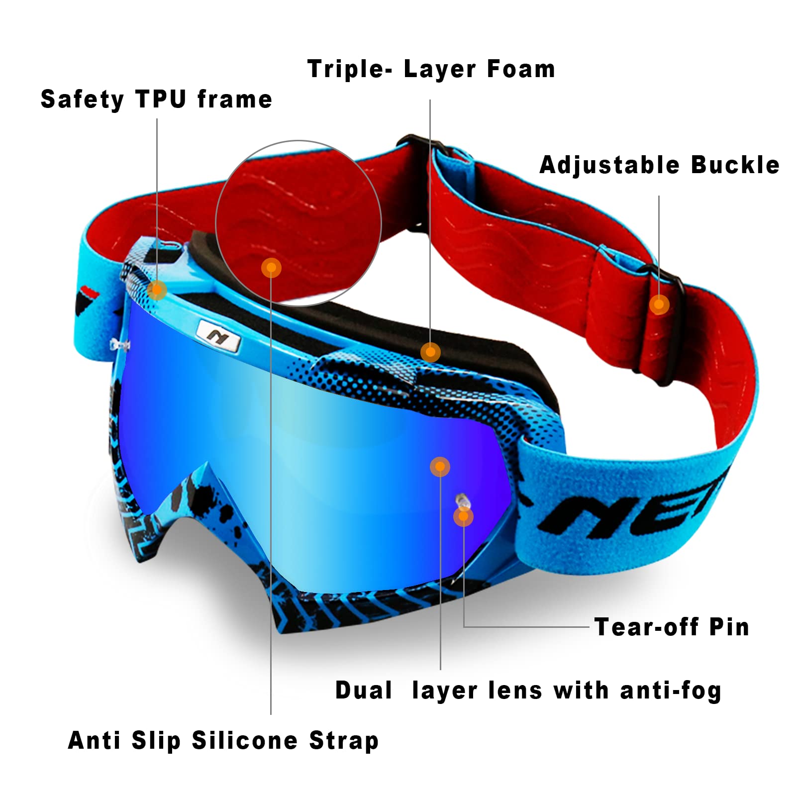 NENKI Dirt Bike Goggles for Adults & Youth, OTG Riding Goggles for MX ATV Motorcycle, Anti-Fog Blue Lens, UV400 Protection