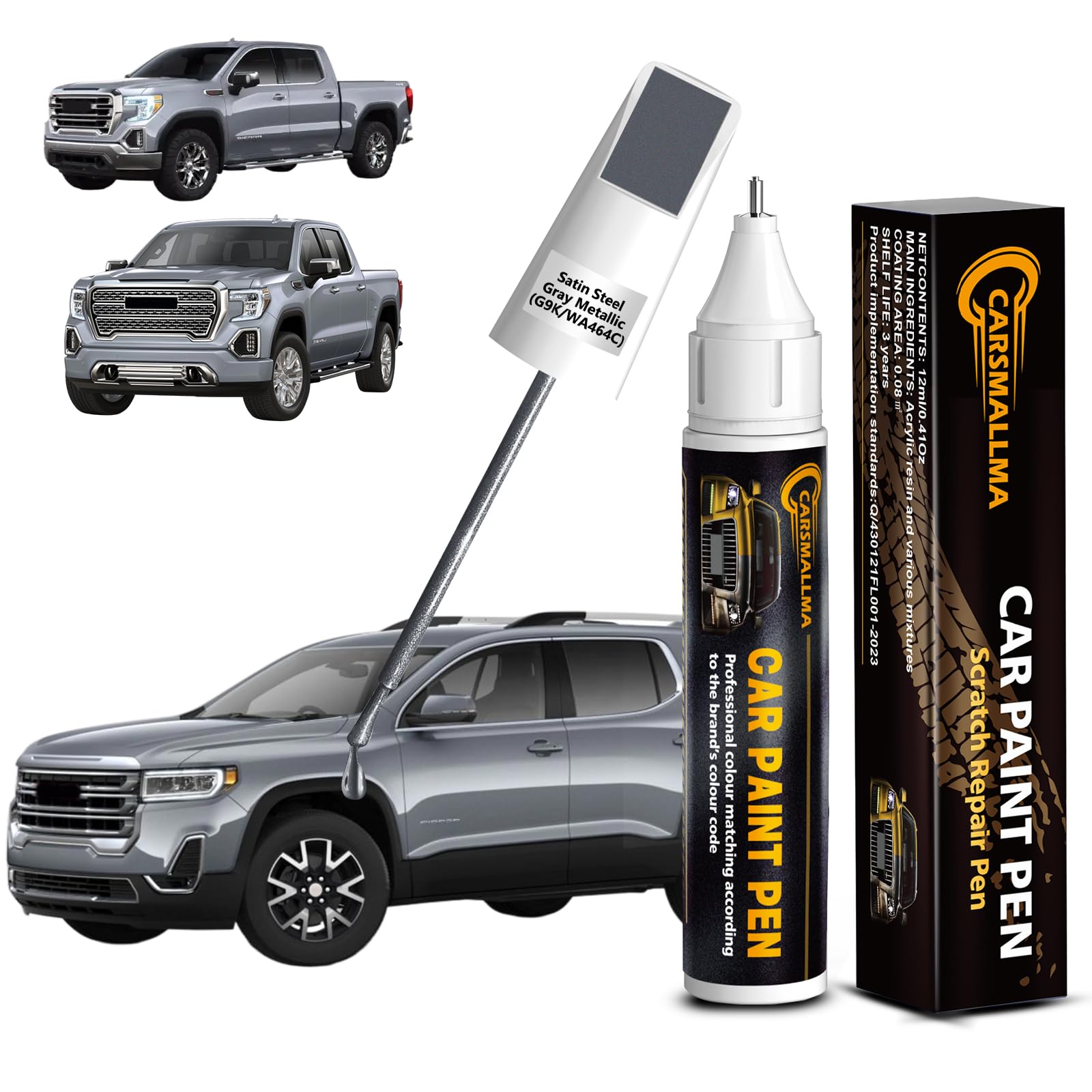 carsmallma Satin Steel Gray Metallic(G9K/WA464C) Car Touch Up Paint for GMC, Color Accurate Car Paint Scratch Repair Pen Kit Qui
