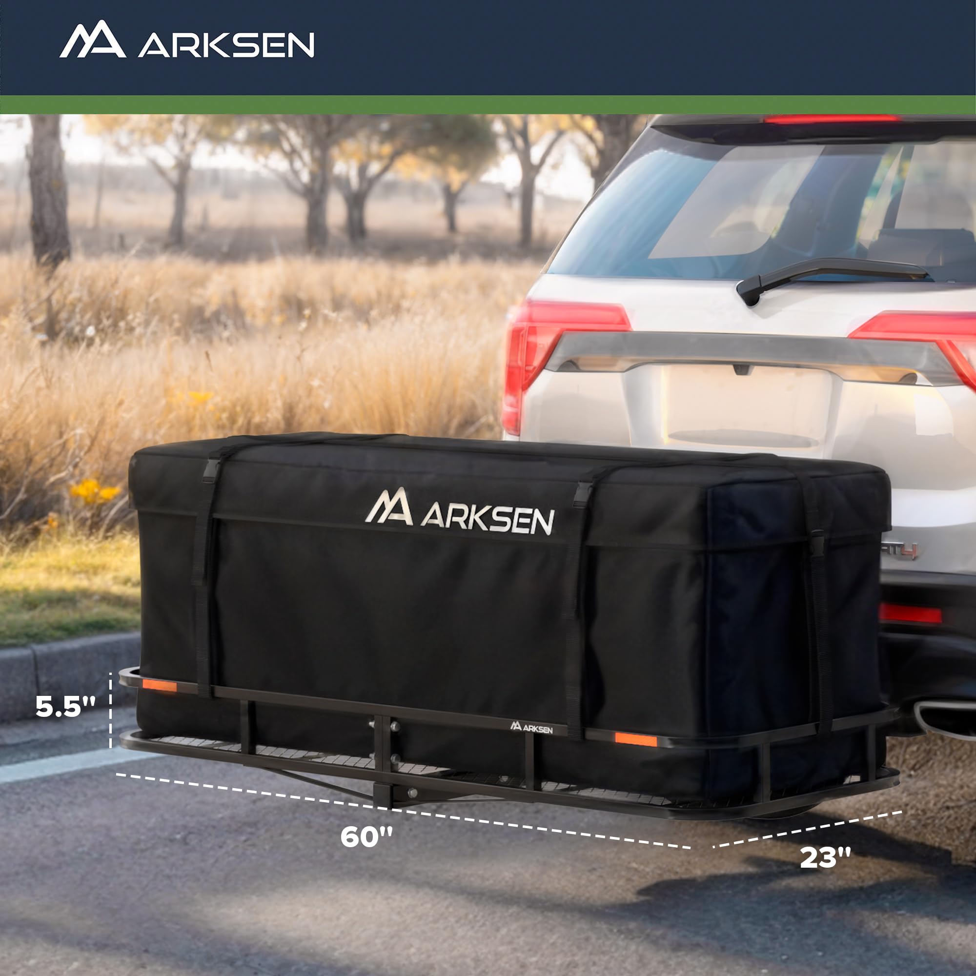 Arksen 60 X 23 X 5.5 Inch Folding Hitch Cargo Carrier With Cargo Net, 2 Ratchet Straps, 500 Lbs Capacity Heavy Duty 2 Inch Recei