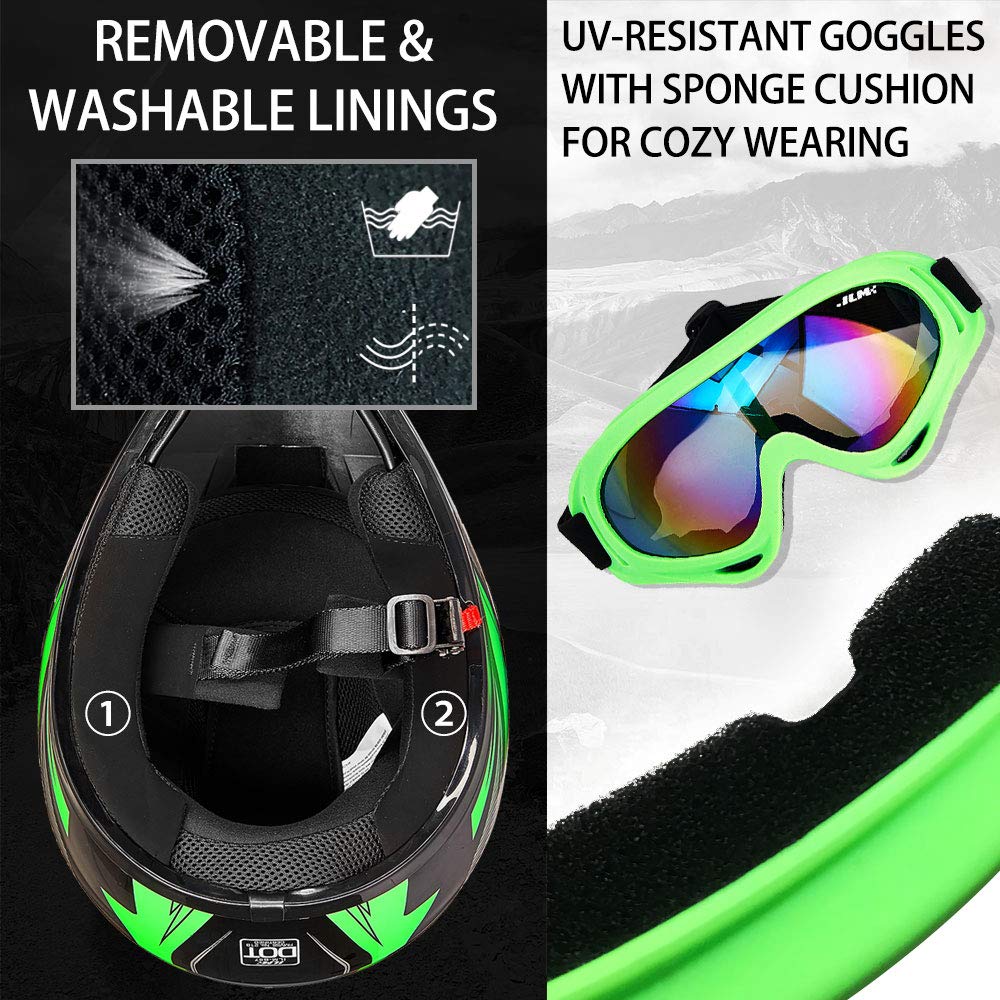 Ilm Youth Kids Atv Motocross Helmet Goggles Sports Gloves Dirt Bike Motorcycle Off Road Dot Approved B07 (Youth-S, Green/Silver)