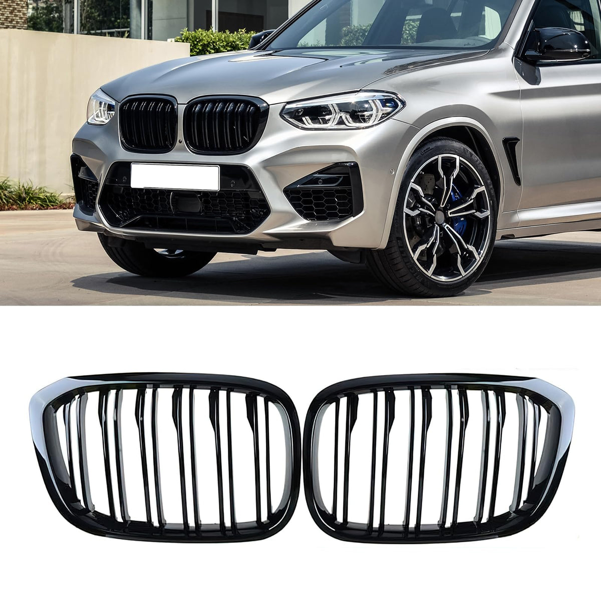 AceRide Grille Front Bumper Kidney Grill Compatible with BMW 5 Series X3 X4 G01 G02 2018 2019 2020 2021 Double Slats Gloss Black
