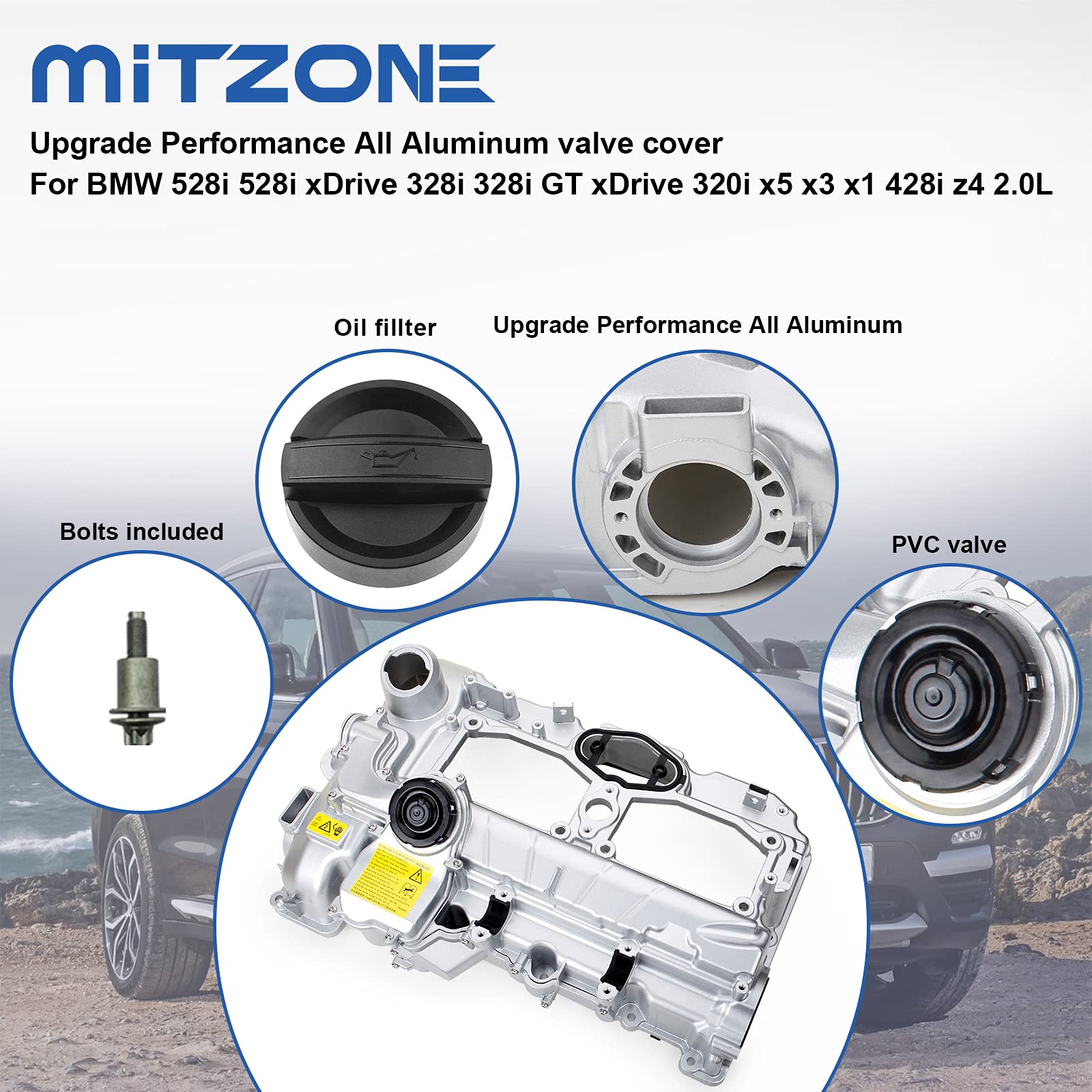 MITZONE N20 Aluminum Valve Cover Kit with Gasket & Oil Cap for BMW 2012-2018 528i, 328i, 320i, X1, X3, Z