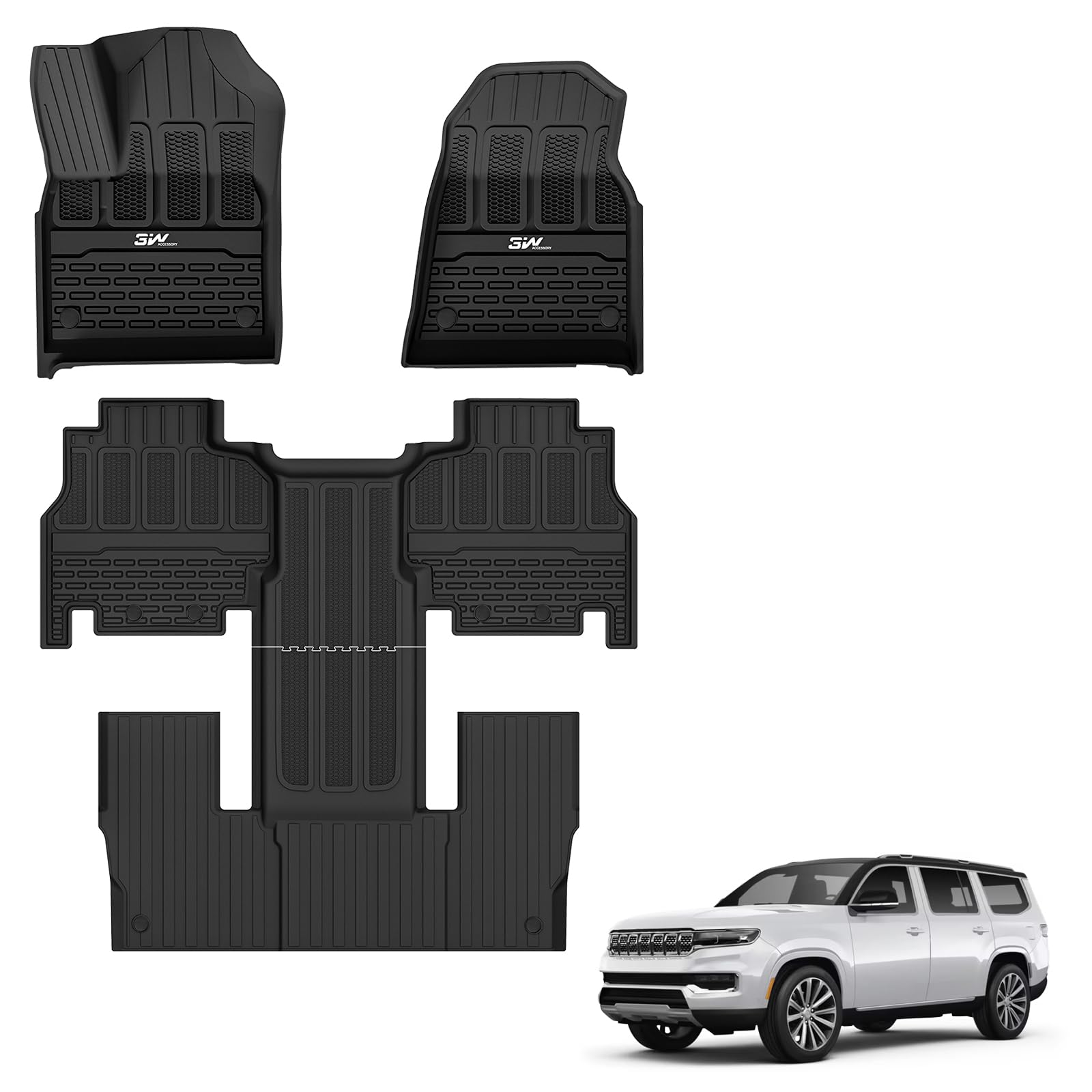 3W Floor Mats Fit For Jeep Grand Wagoneer/Grand Wagoneer L 2022 2023 2024 2025 8 Seat (Not Fit For 7 Seat), All Weather Tpe Floo