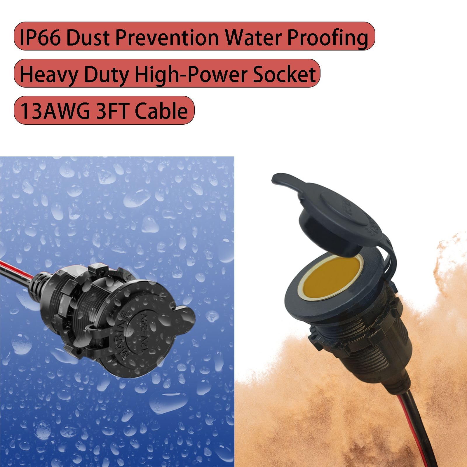 YIWOFUWO 3FT 12V Fixed Thread Cigarette Lighter Socket Extension Cable, 12V Waterproof Outlet Socket Replacement 13AWG Heavy Dut