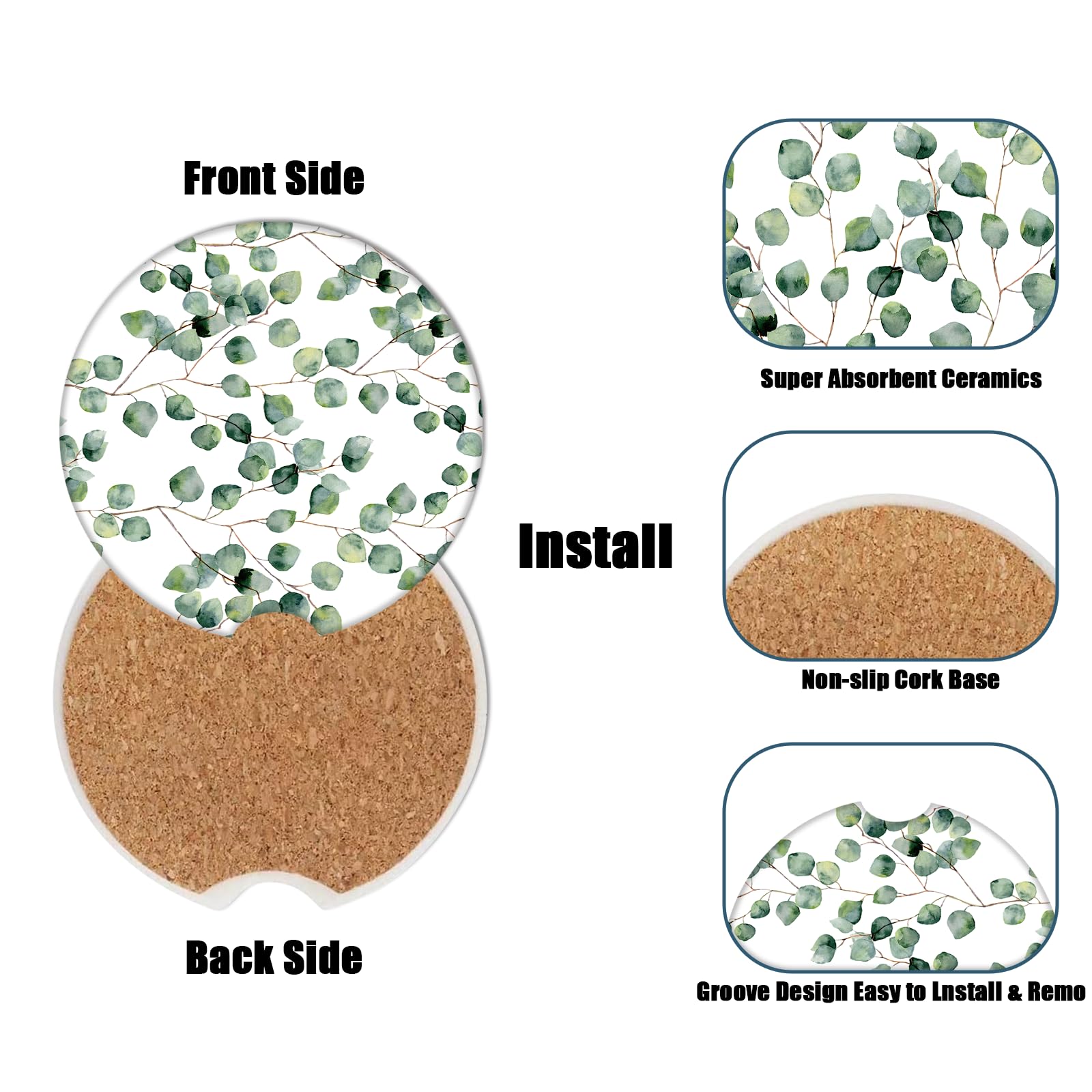 Car Cup Holder Coaster - Eucalyptus Round Green Leaf Absorbent Ceramic Coaster, Car Coasters for Cup Holders, Auto Accessories f