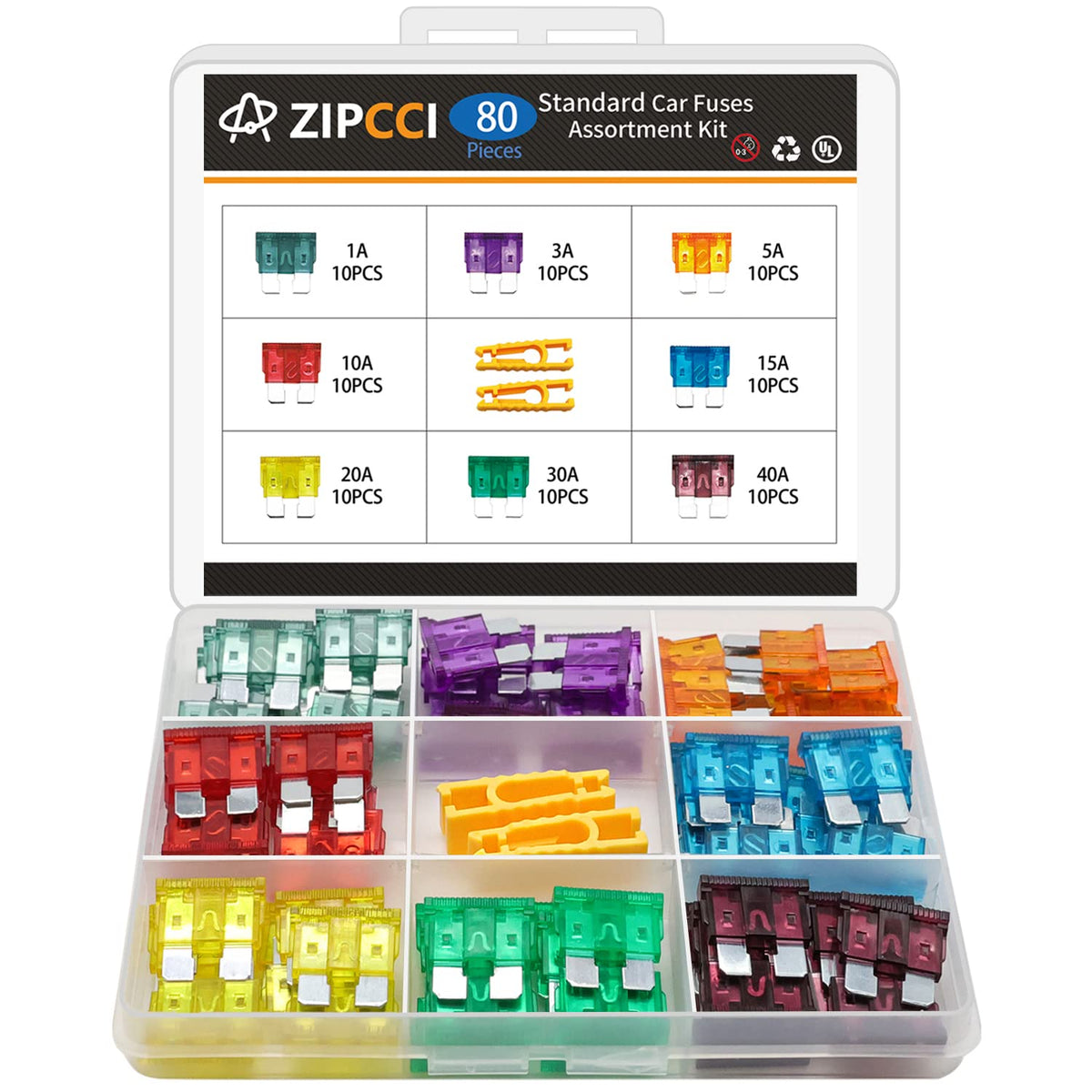 ZIPCCI 80 Pcs Standard Car Fuse, Fuses Assortment kit(1A/3A/5A/10A/15A/20A/30A/40AMP) Automotive Blade Fuse for RV, Truck, Marin