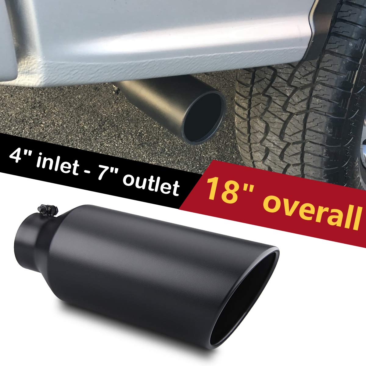 LCGP 4'' inlet to 7'' outlet 18'' Long Universal Diesel Truck Exhaust Tip,Stainless Steel, Black Powder Coated, Bolt-On Tailtip
