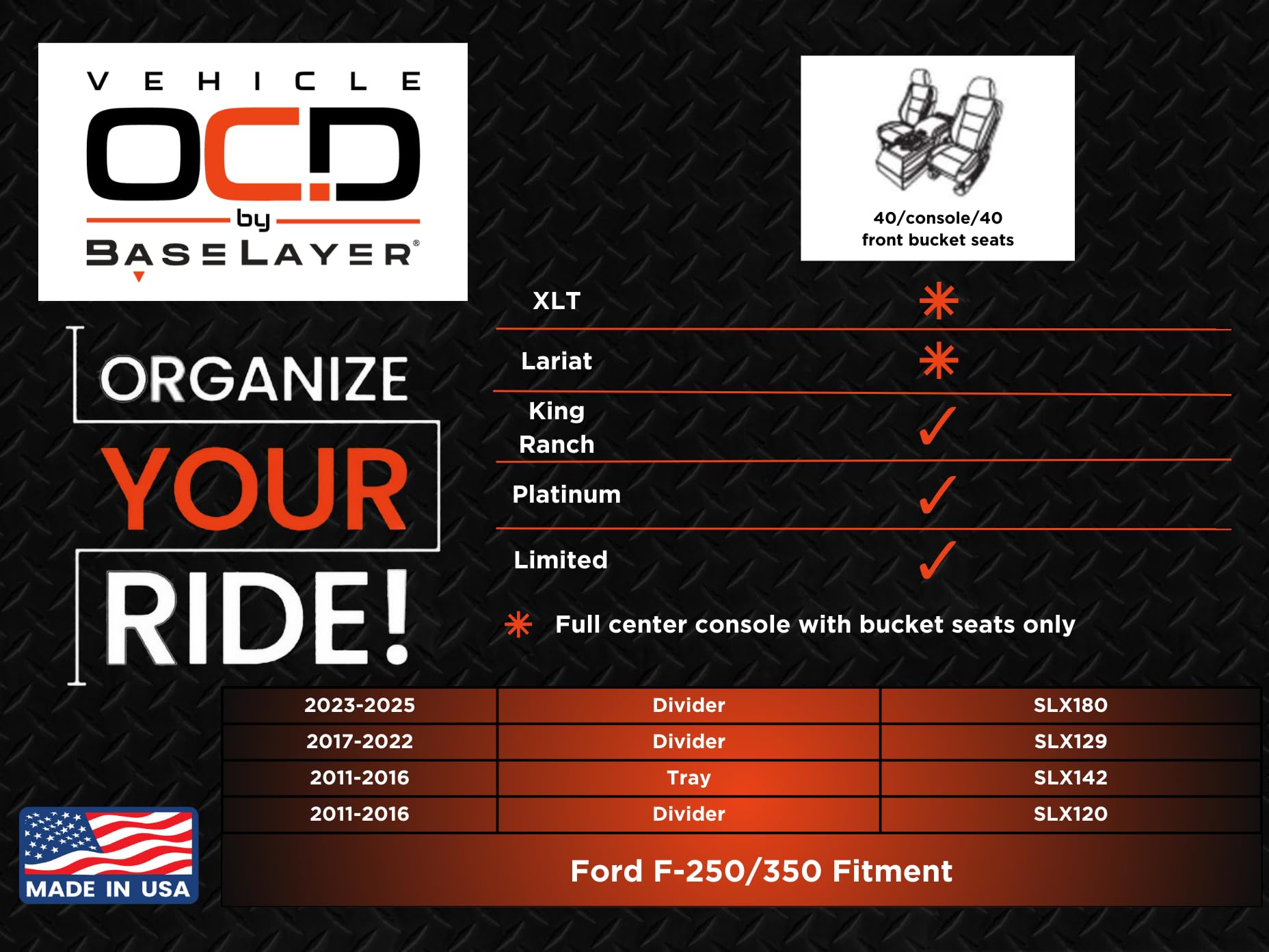 Vehicle Ocd - Center Console Organizer For Ford F250 / F350 Superduty (2011-2016) (Full Console W/Bucket Seats Only) - Made In U