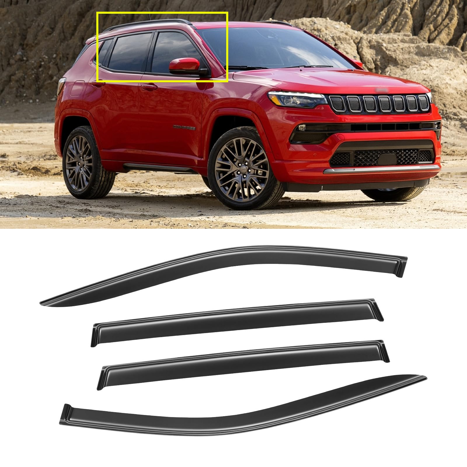 Window Visor For 2017-2023 Jeep Compass, Out-Channel Rain Guards Shields Vent Shade Deflector Wind Dark Smoke Ventshade Ventviso