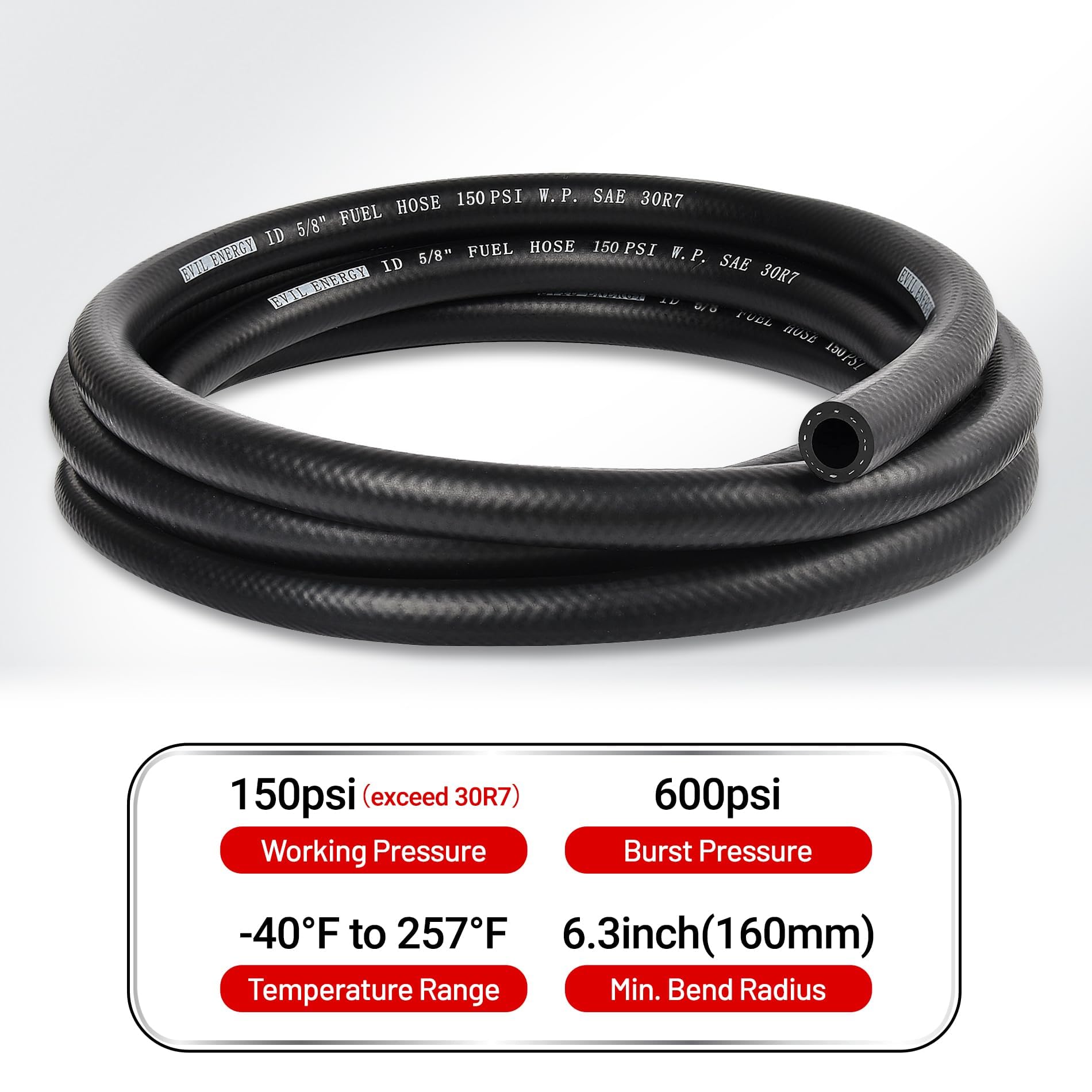 Evil Energy 5/8 Fuel Hose Line Push Lock Nbr Rubber Sae 30R7 5Ft 150Psi