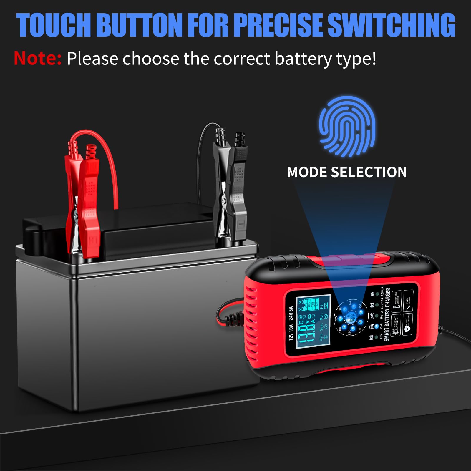 E-Fast Battery Charger, 10A Lifepo4 Lead Acid Car Battery Charger, Upgraded Automobile Trickle Charger 12/24V, All In 1 Battery Maintainer, For Truck Motorcycle Agm Lawn Mower Boat Marine Batteries