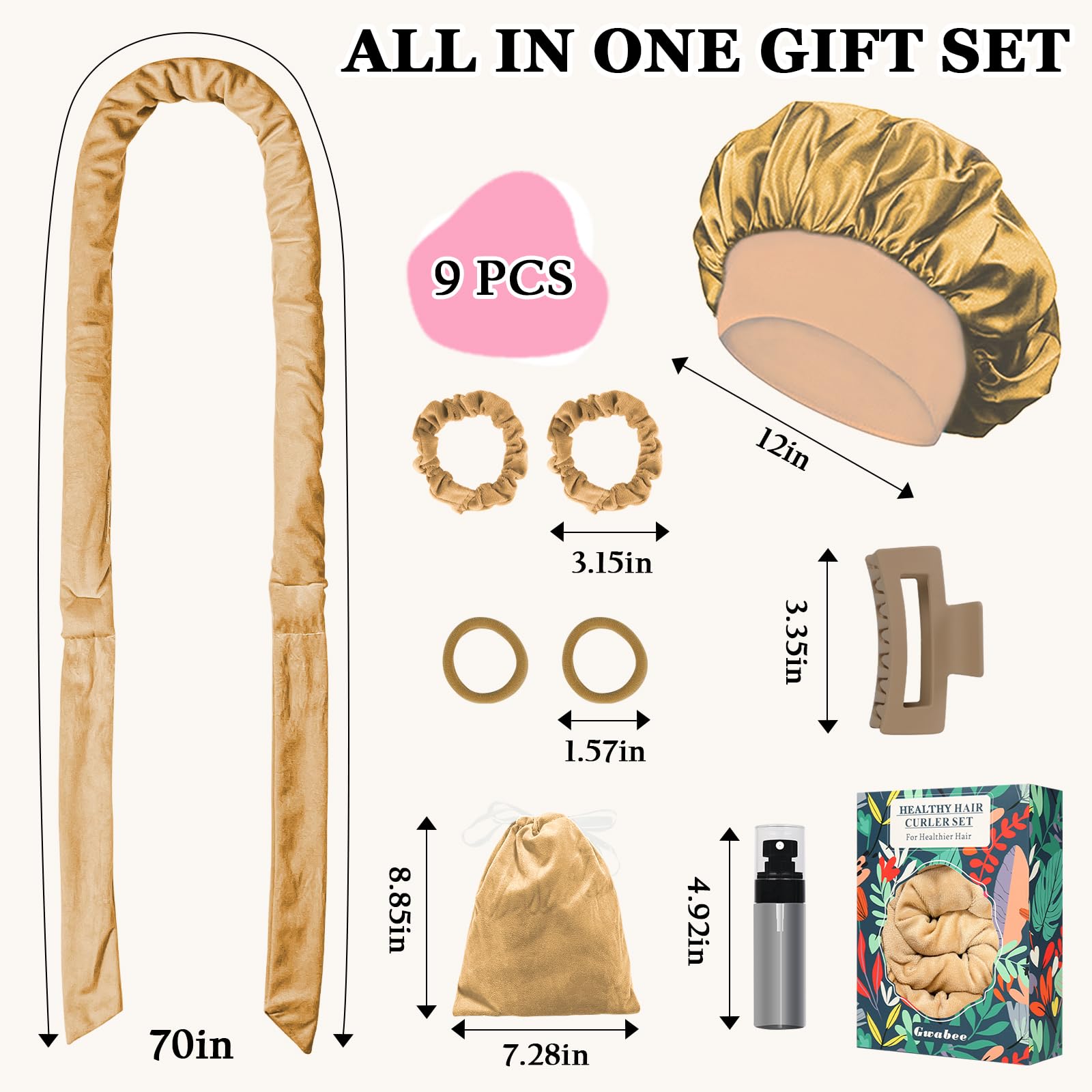 Gwabee 70'' Soft Hair Curlers For Overnight Curls - No Heat Curl Wrap With 9 Rods For Long Hair, Khaki