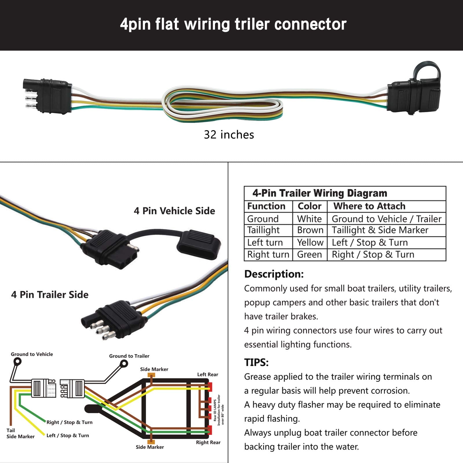 Hoypeyfiy Trailer Light Wiring Harness Kit,4 Wires 4-Way Plug 4 Pin Flat Wire Extension Male & Female Connector 32' Inch Long