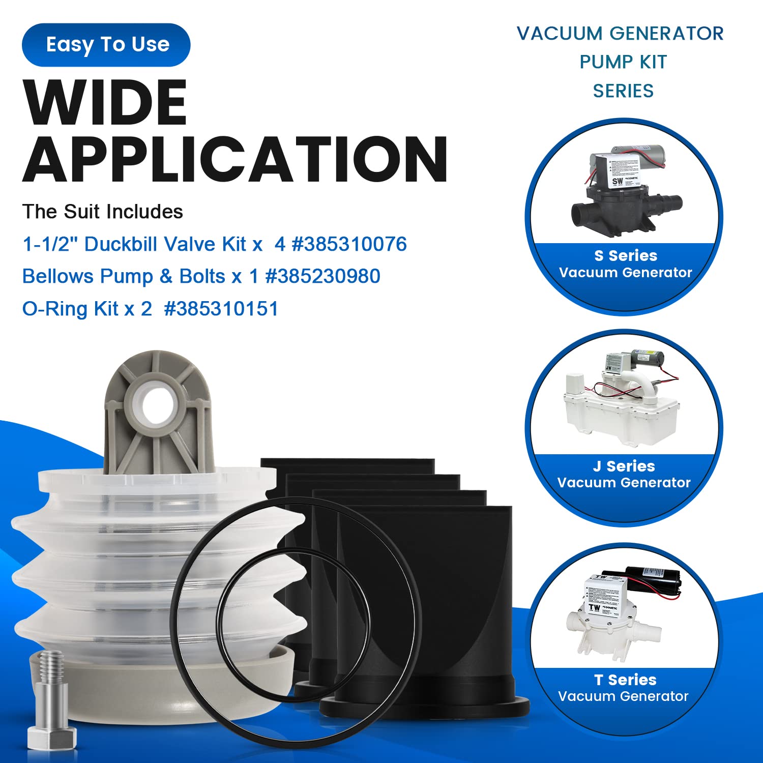 For Dometic 385230980 Pump Bellow Kit & 385310076 1-1/2'' Duckbill Valve Kit & 385310151 O-Ring Kit Replace For Dometic S, T, J,
