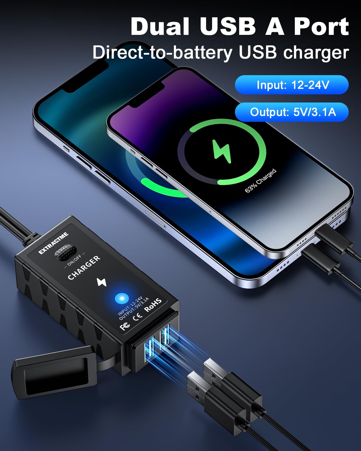 Extractme Motorcycle Phone Charger, 3.1 Amp Motorcycle Dual Usb Charger With On/Off Switch & Led Light, Waterproof Atv/Motorcycle Accessories For Phone, Tablet, Gps, Etc