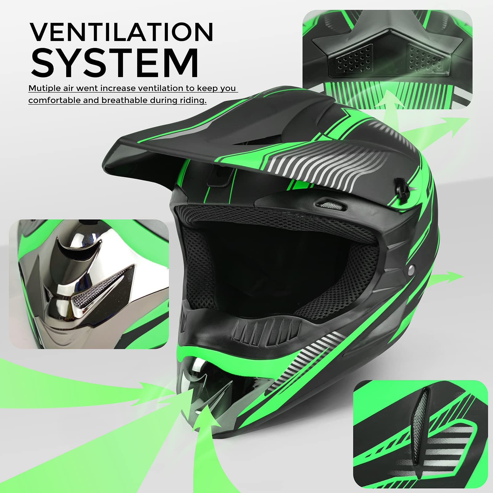 Motocross Helmet,Adult &Youth Trend Full Face Helmet,Atv Motorcycle Helmet,Dirt Bike Downhill Off-Road Mountain Bike Helmet,Dot Certified,4-Piece Set (Green, L)