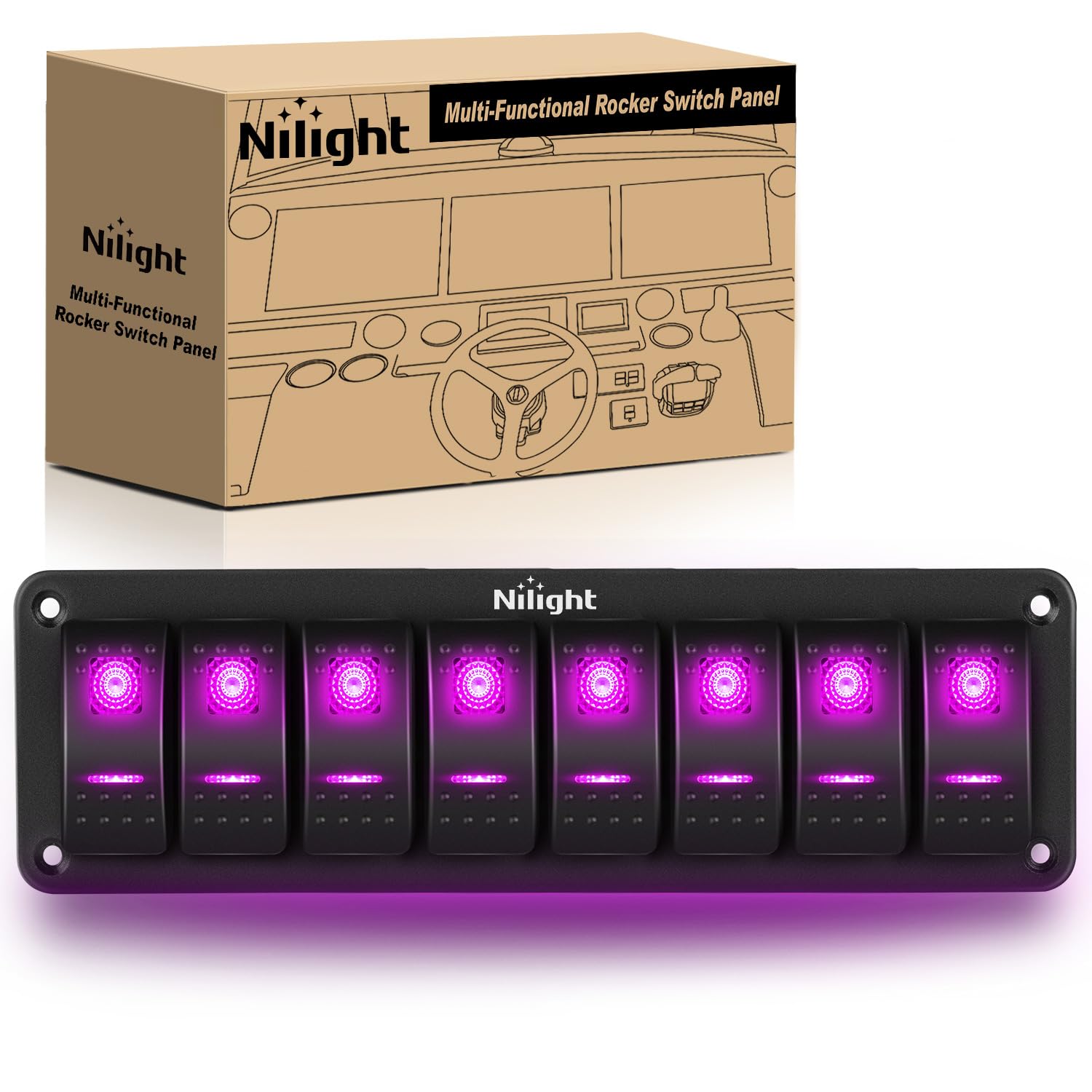 Nilight 8 Gang Rocker Switch Panel With Purple Led Light 5 Pin On Off Pre-Wired Rocker Switch Aluminum Panel Toggle Switch Panel