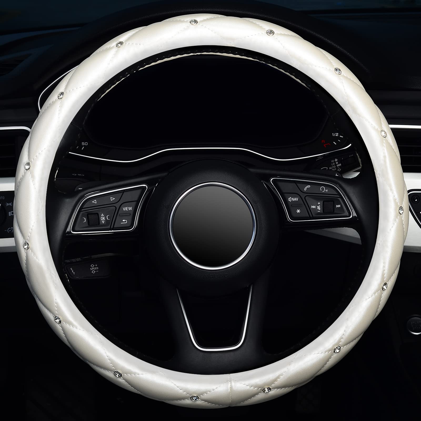 Kafeek Diamond Soft Leather Steering Wheel Cover With Bling Bling Crystal Rhinestones, Universal 15 Inch,Cream White