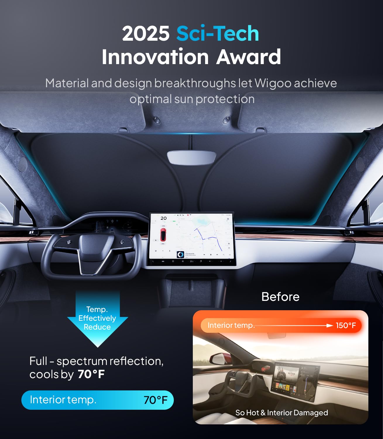 2025 Upgraded Accessories Tesla Model S Windshield Sunshade [Ice Shield Tech Fabric, 100% Sun Blockage], Foldable Heat Insulatio