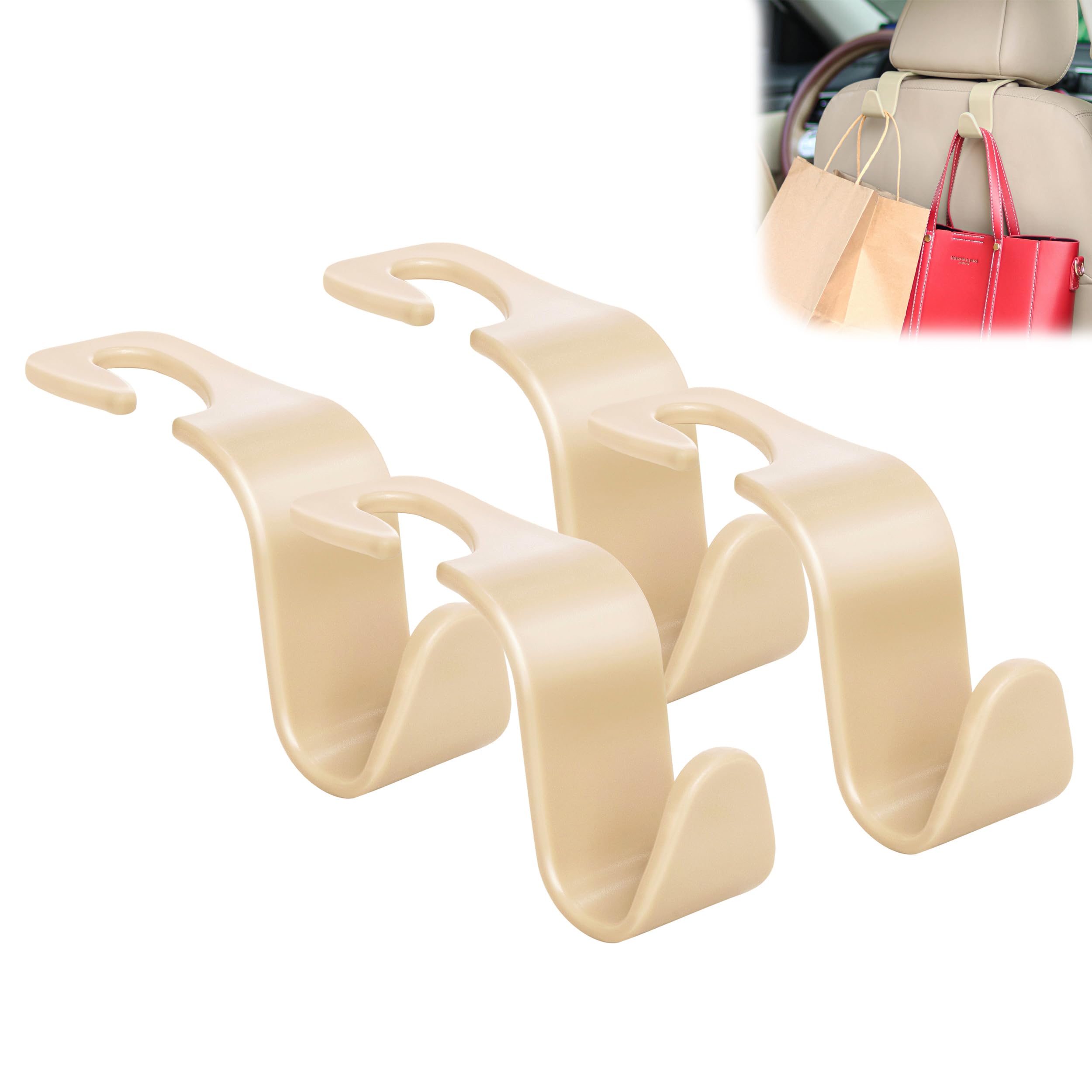 Amooca Universal Multifunctional Car Vehicle Headrest Hook, Organizer Hanger Storage Hook For Bag Purse Cloth Grocery (Beige Set