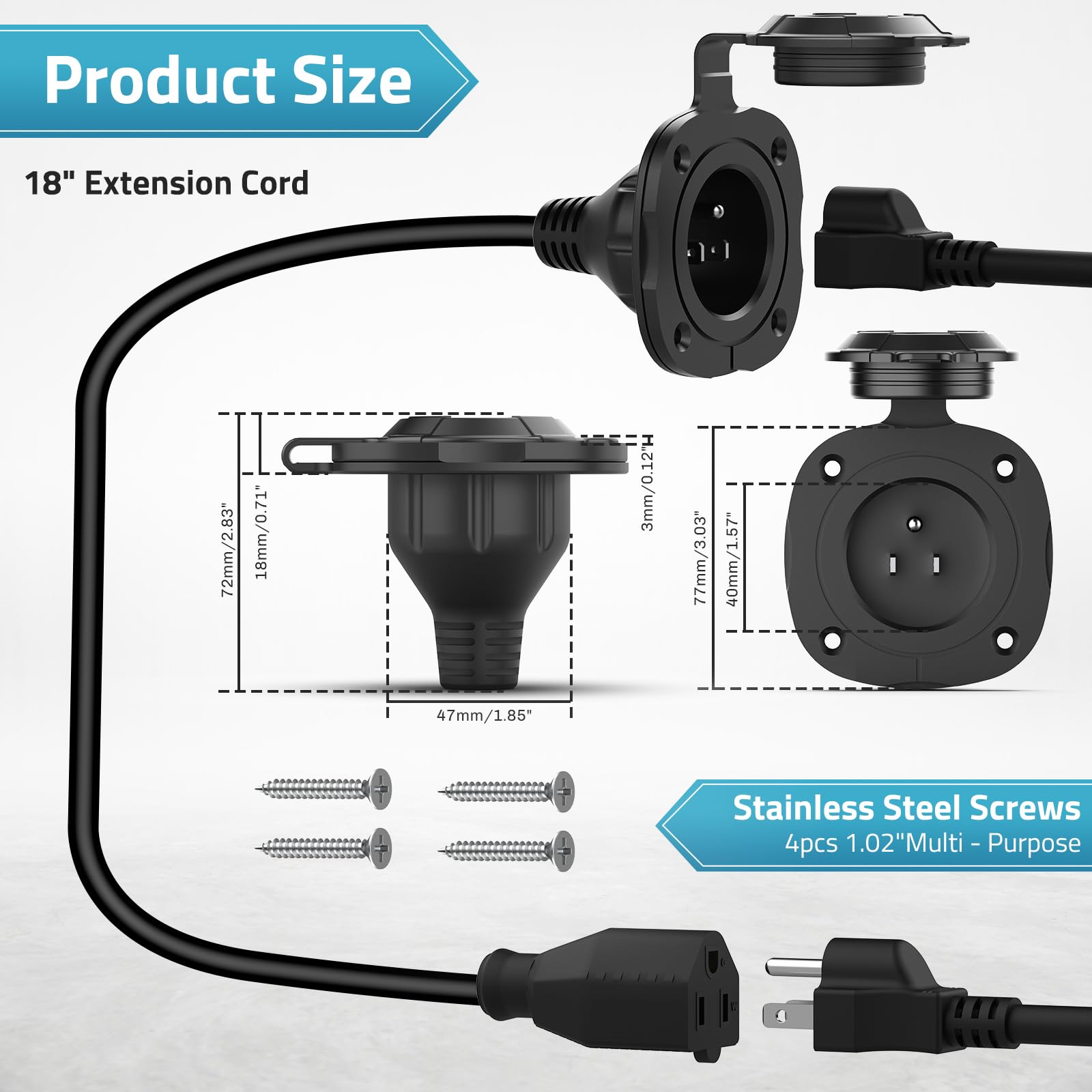Paulinn Shore Power Inlet Plug 15 Amp, 125V Nema 5-15 Ac Power Inlet Port Plug W/Integrated 18'' Extension Cord And Waterproof B