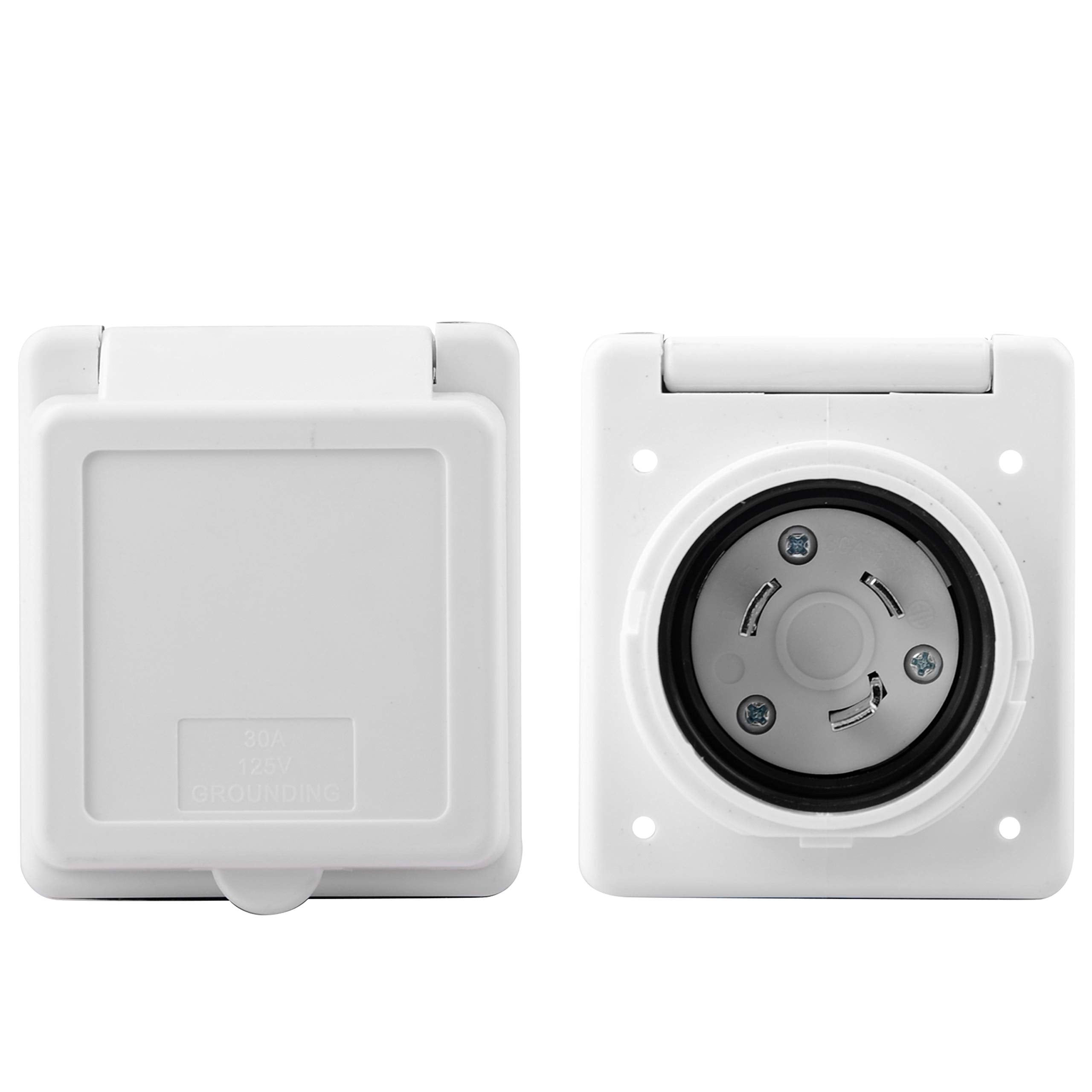 Rvguard 125V 30 Amp Rv Power Inlet, White, Twist Locking, Power Plug With 3 Stainless Steel Pins And Screws